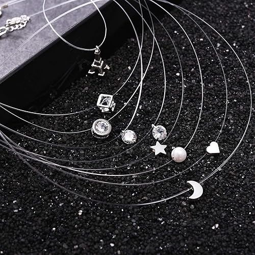 Miniatura 4 de Starain Juego de 8 collares de línea de pesca para mujer, diseño de estrella de luna única, circonita cúbica, collar de gargantilla