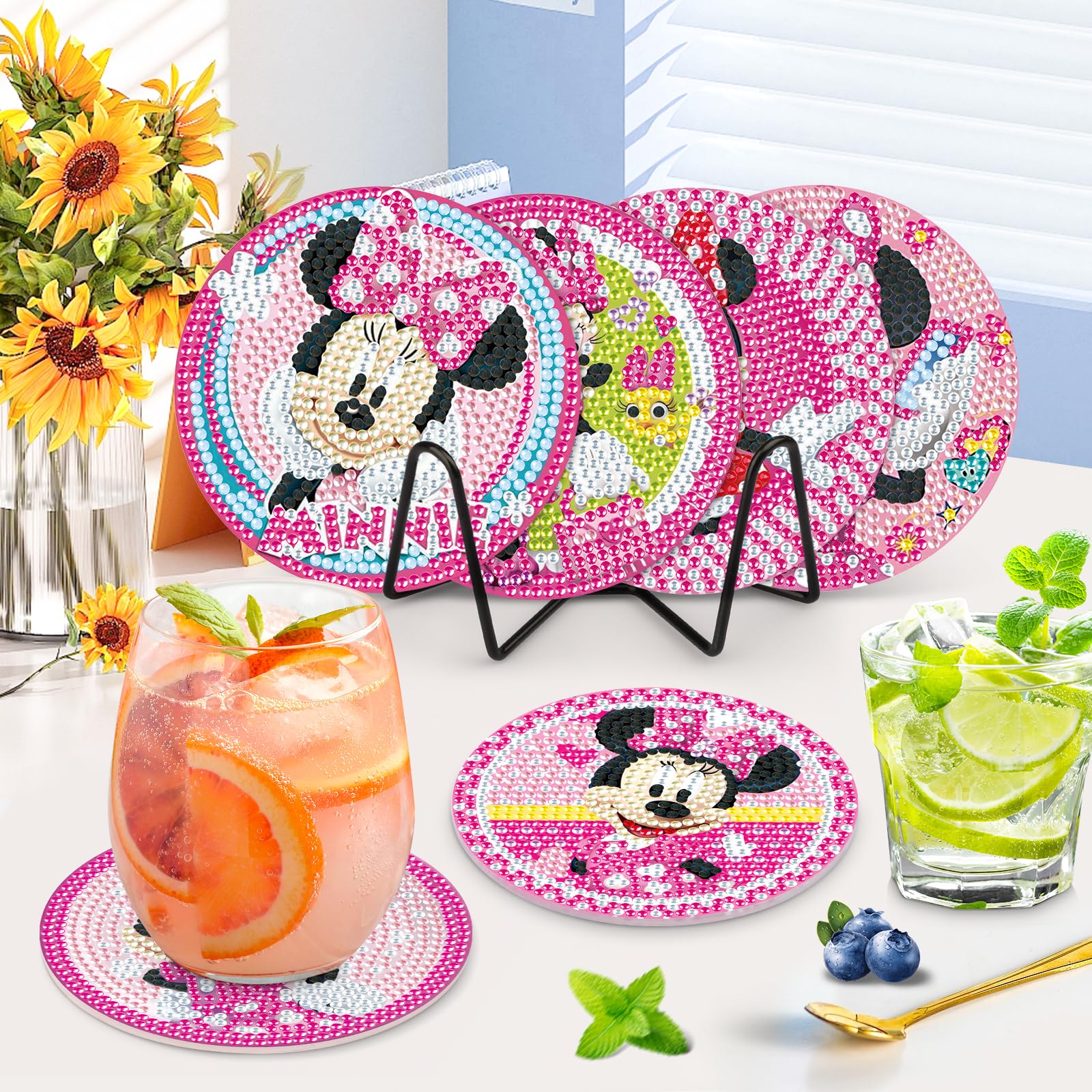 Kit 8 Sous-verres Diamant à Peindre - Motifs Paysages - Avec Strass & Outils - DIY Antidérapant Liège - Loisir Créatif - 4