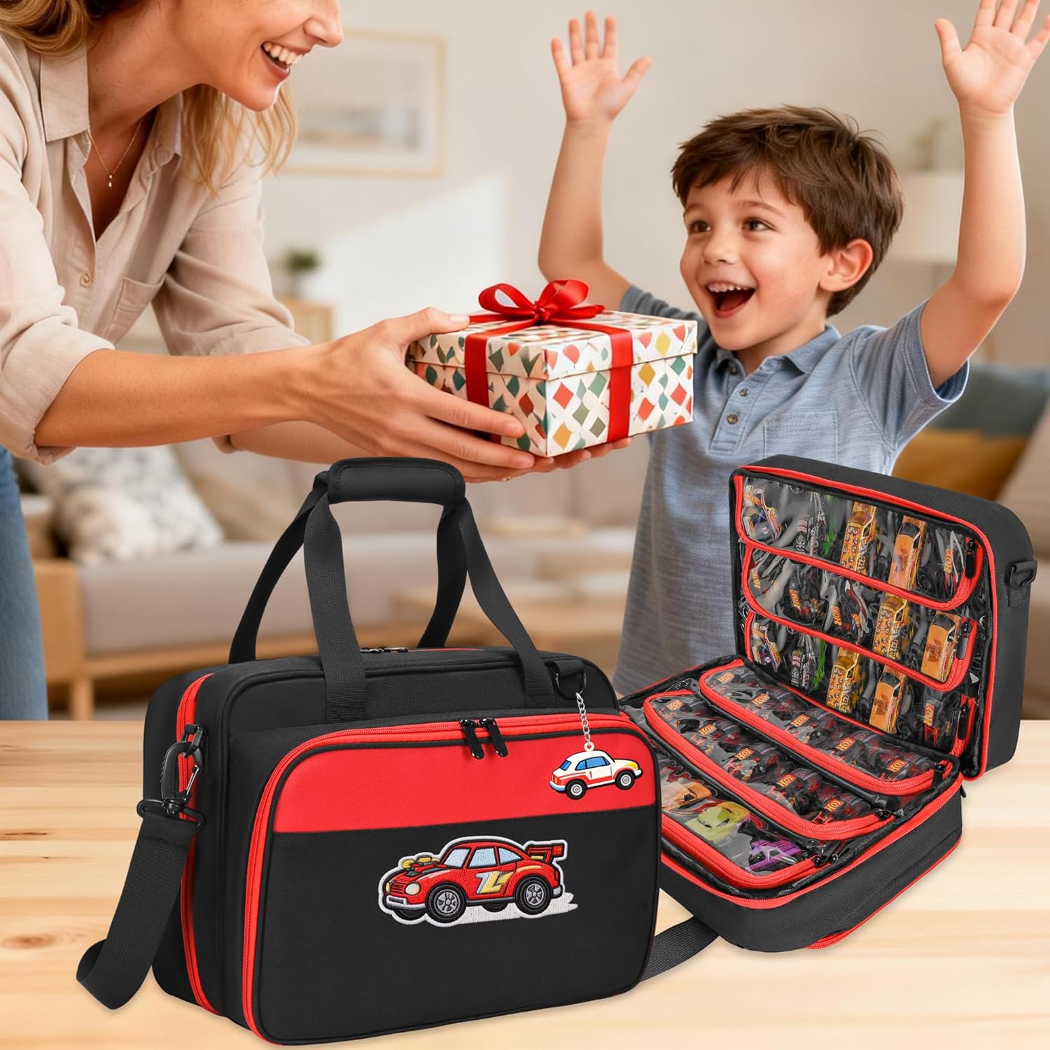 Monster Trucks Carrying Case Compatible with Monster Jam with Shoulder Strap, Monster Truck Storage Bag Holding 34 1:64 Scale Toy Cars for Hot Wheels, Car Toys Storage Case, Black, Bag Only