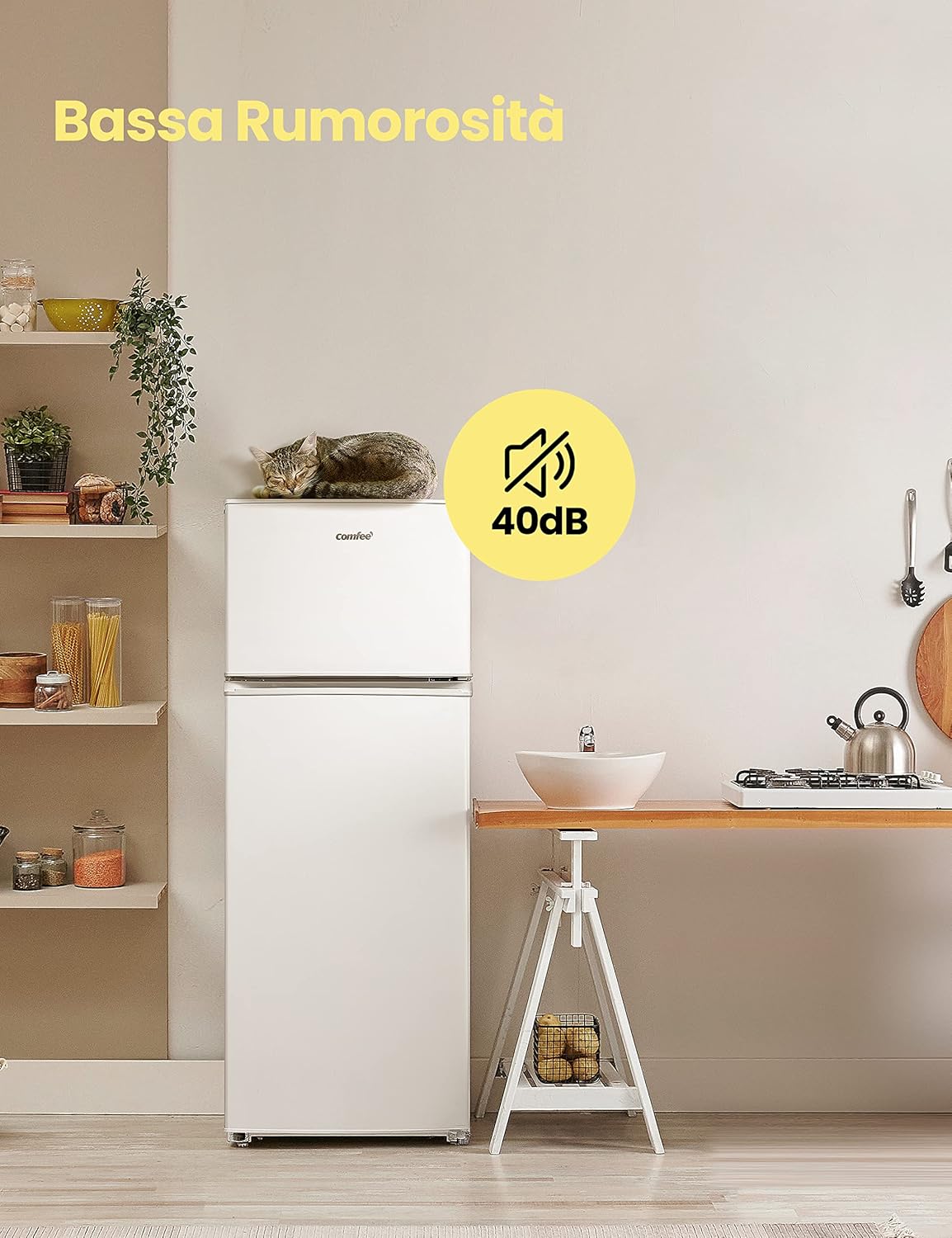 COMFEE RCT210WH1(E) Frigorifero doppia porta 204 L, controllo della temperatura regolabile, Luce LED, Bianco [Classe di efficienza energetica F]