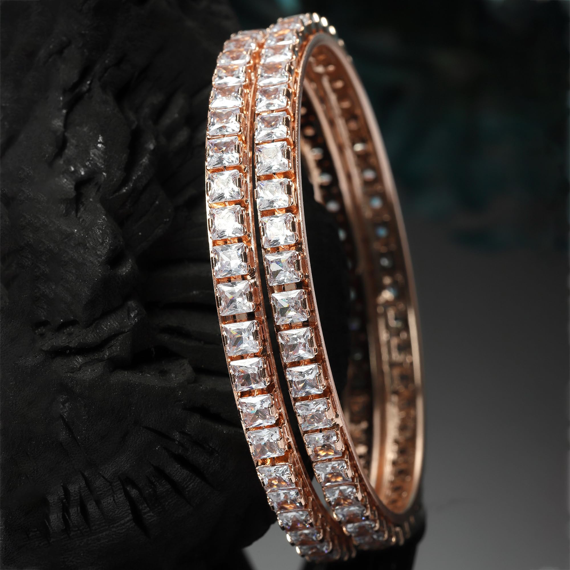 Rose Gold-Plated Artificial Stones Bangles (Set of 2, 2.4 Inches)