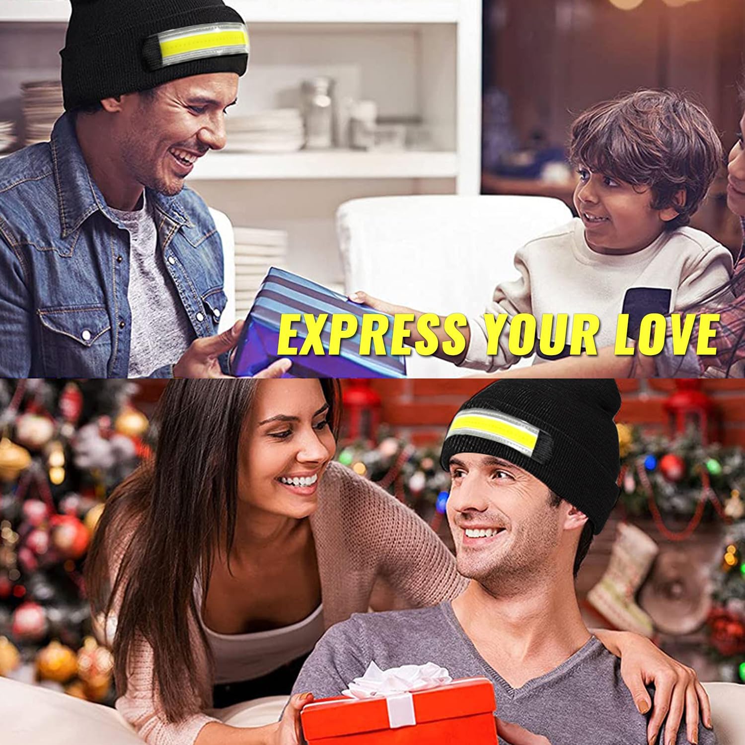 2Pack Rechargeable Headlamp Beanie, 1200Lumens LED Beanie Hat with Wide Beam Light Built-in, 6 Modes, Winter Headlight Head Lamp Beanie, Gifts for Men Dad Father Husband(Black+Black)