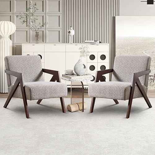 Miniatura 54 de INZOY Silla moderna de mediados de siglo con marco de madera, sillón tapizado con cojín de cintura, silla decorativa para sala de estar, dormitorio,