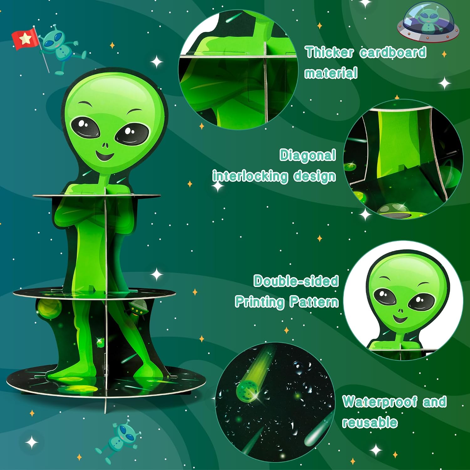 ANGOLIO 2Pcs Green Space Alien Cupcake Stand 3 Tiers Outer Space Birthday Party Cardboard Cupcake Holder Decorations Galaxy Party Dessert Tower Party Supplies for Kids Space Themed Baby Shower