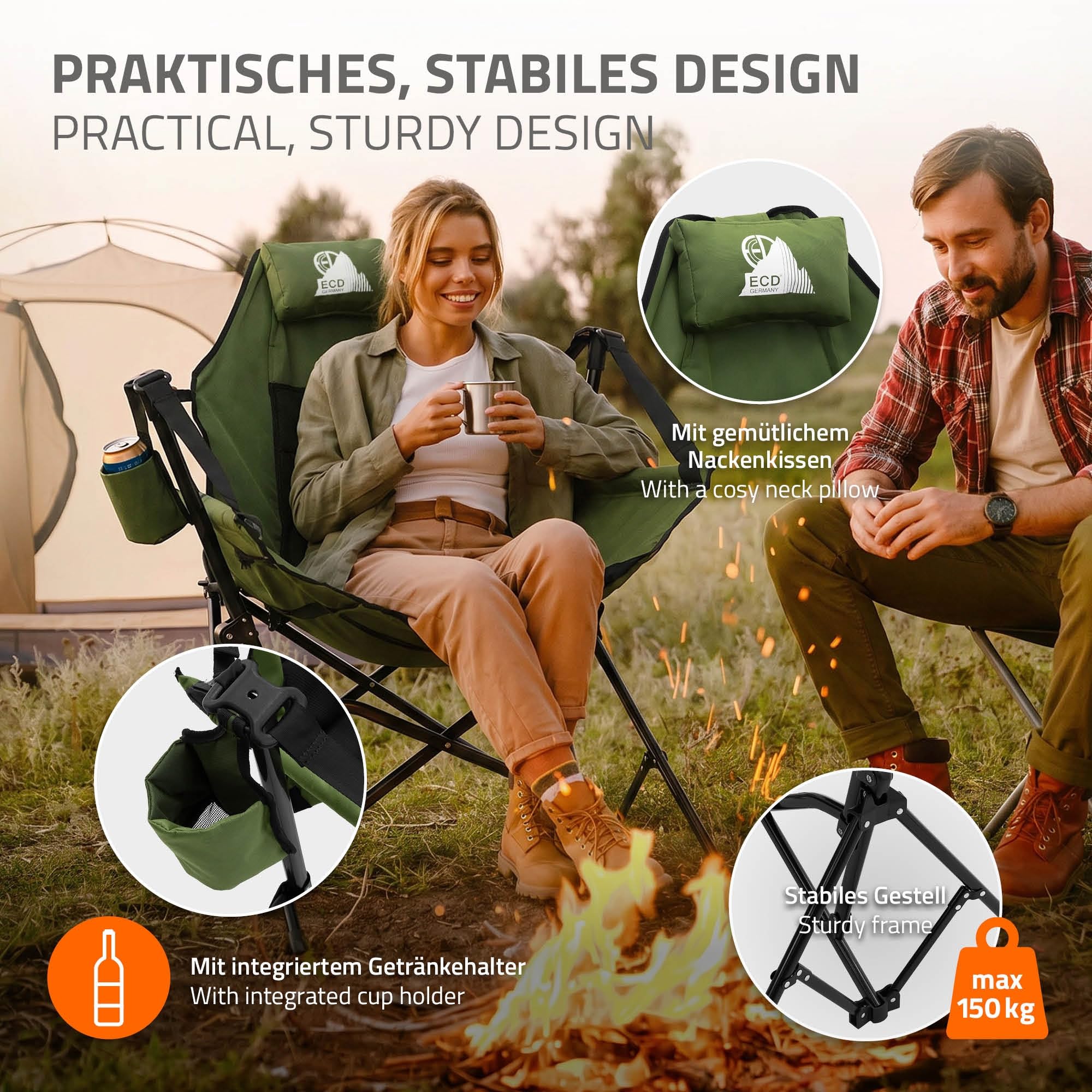 ECD Germany Skladane Krzeslo Campingowe Khaki Krzeslo Wedkarskie Bujany z Metalowa Konstrukcja Regulowane Wysokie Oparcie z Zaglówkiem Uchwyt na Napój Torba Fotel Outdoor na Camping Wedkowanie Ogród