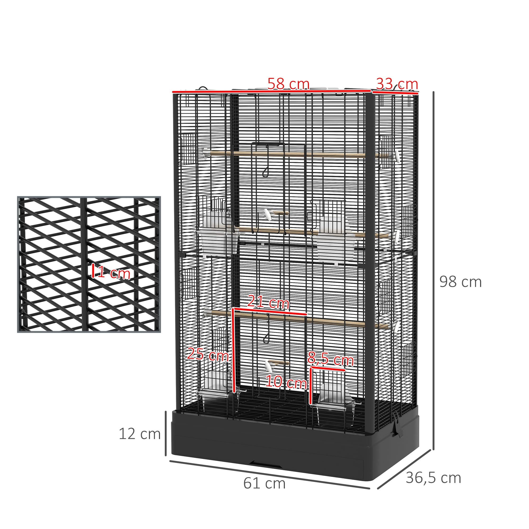 PawHut Cage à Oiseaux Volière avec Portes Perchoirs 61 x 36,5 x 98 cm Noir