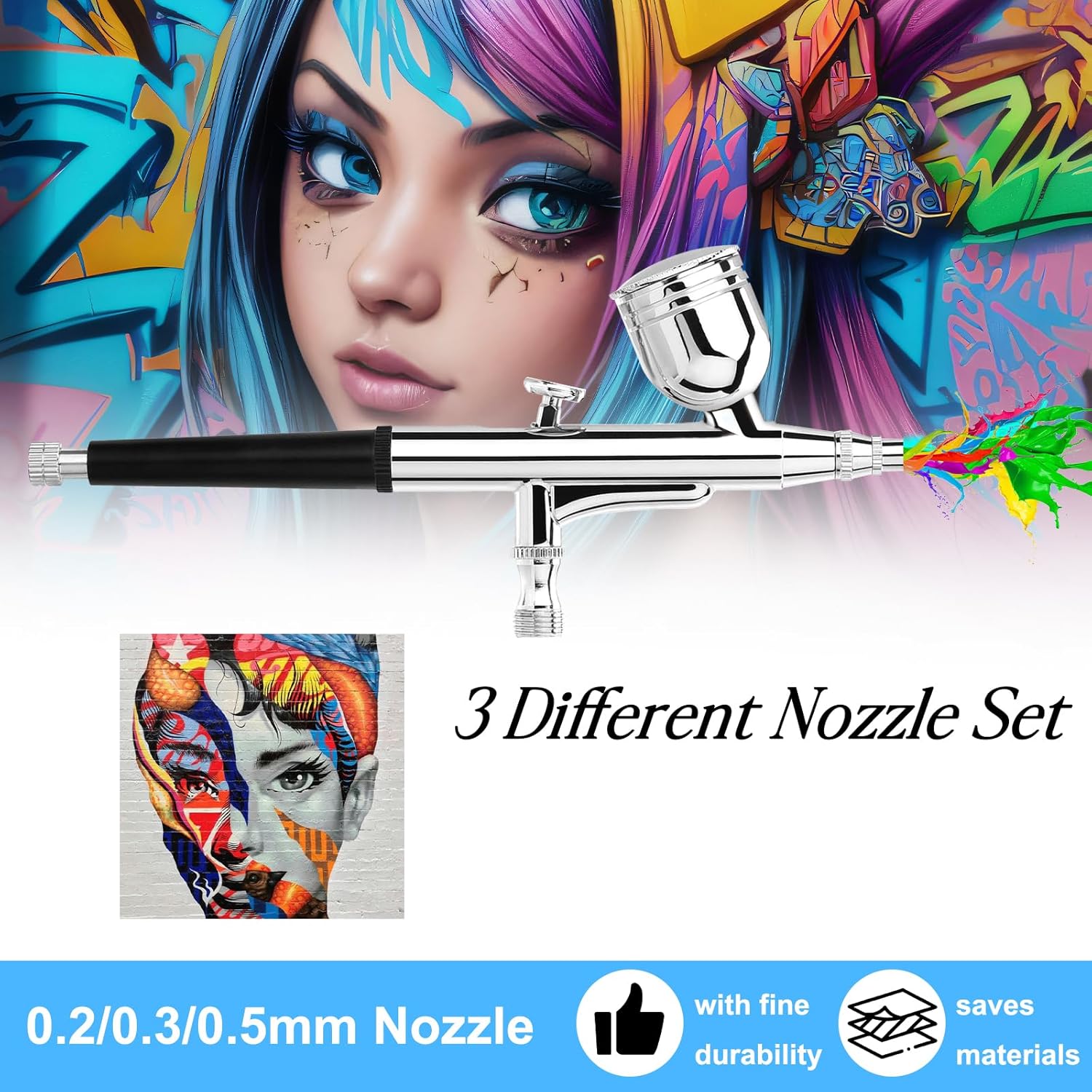 Airbrush Kit with Air Compressor, 40 48 PSI High Pressure Air Brush Non-Clogging with 0.2/0.3/0.5mm Nozzle/Sets, Airbrush Ideal for Nails Art, Makeup, T-Shirt Painting, Cake Ecorating DIY Model