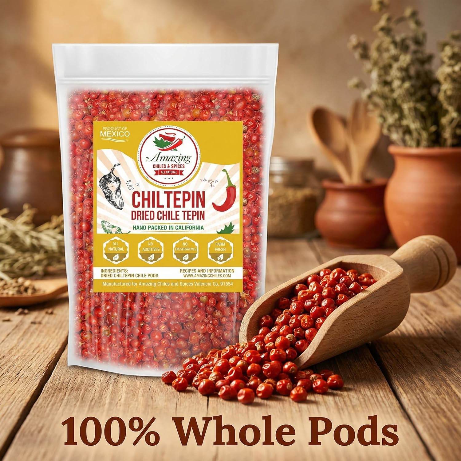 Dried Chiltepin Peppers (Chile Tepin) – 4oz Bag - Great For Use with Seafood, Sauces, Stews, Salsa, Meats. Very Hot with a Smoky Flavor. Air Tight Resealable Bag. By Amazing Chiles & Spices