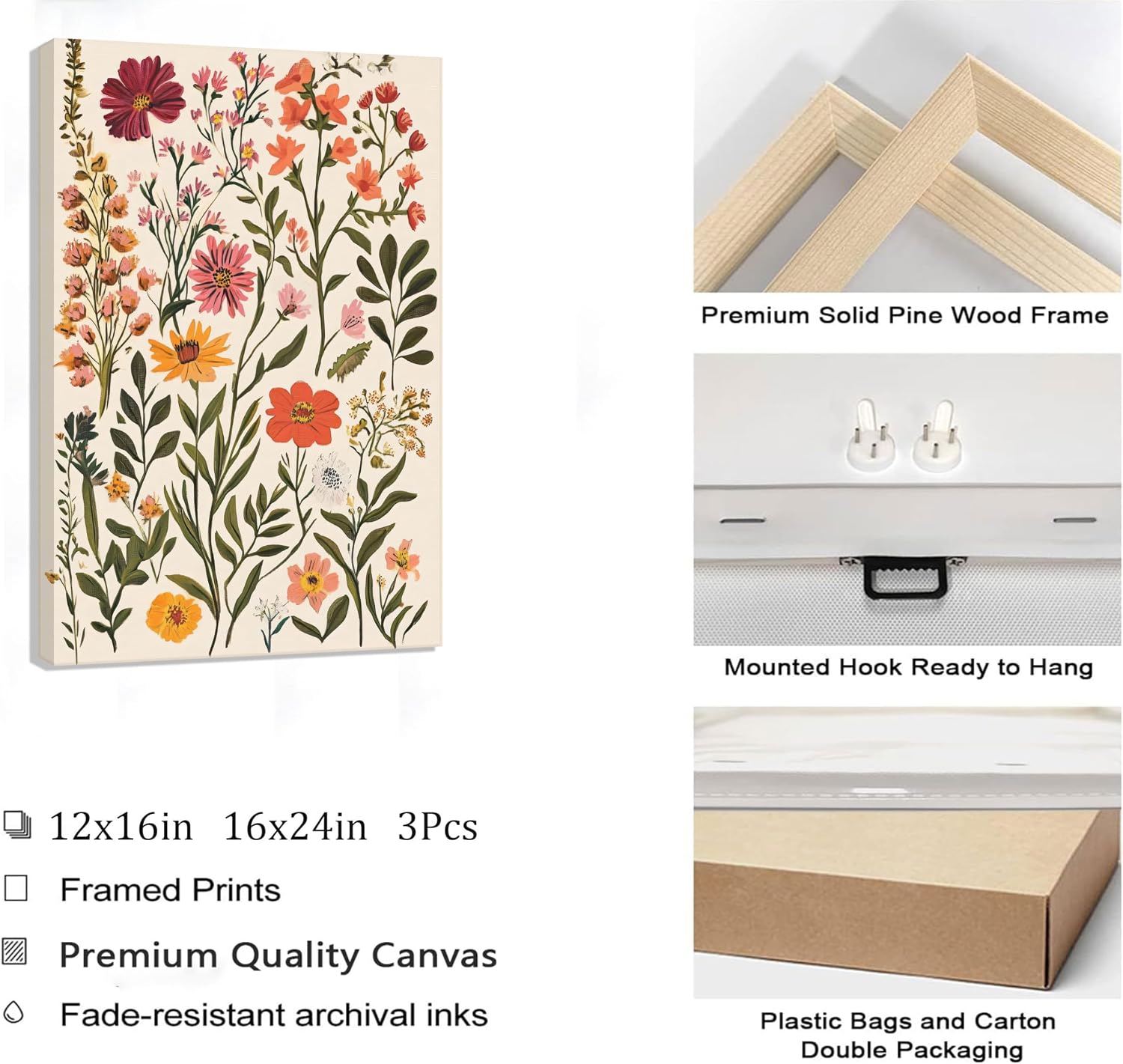 3Pcs Colorful Wildflower Canvas Wall Art Boho Floral Posters Botanical Prints Flowers Painting Wildflower Nursery Pictures Wall Decor for Living Room Bedroom Framed