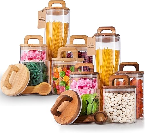 Juego de tarros de vidrio de alta calidad, 5 recipientes con tapas herméticas de bambú, etiquetas y cucharas personalizadas y 5 recipientes con