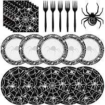 96 Pcs Halloween Plates and Napkins Set - Black Spider Webs Dinner Dessert Paper Plates Cocktail Napkins Forks Disposable Tableware for Spiderweb Halloween Party Decorations Supplies Favors, Serve 24