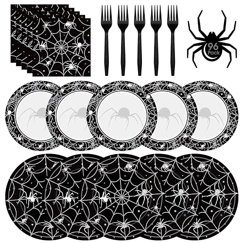 96 Pcs Halloween Plates and Napkins Set - Black Spider
