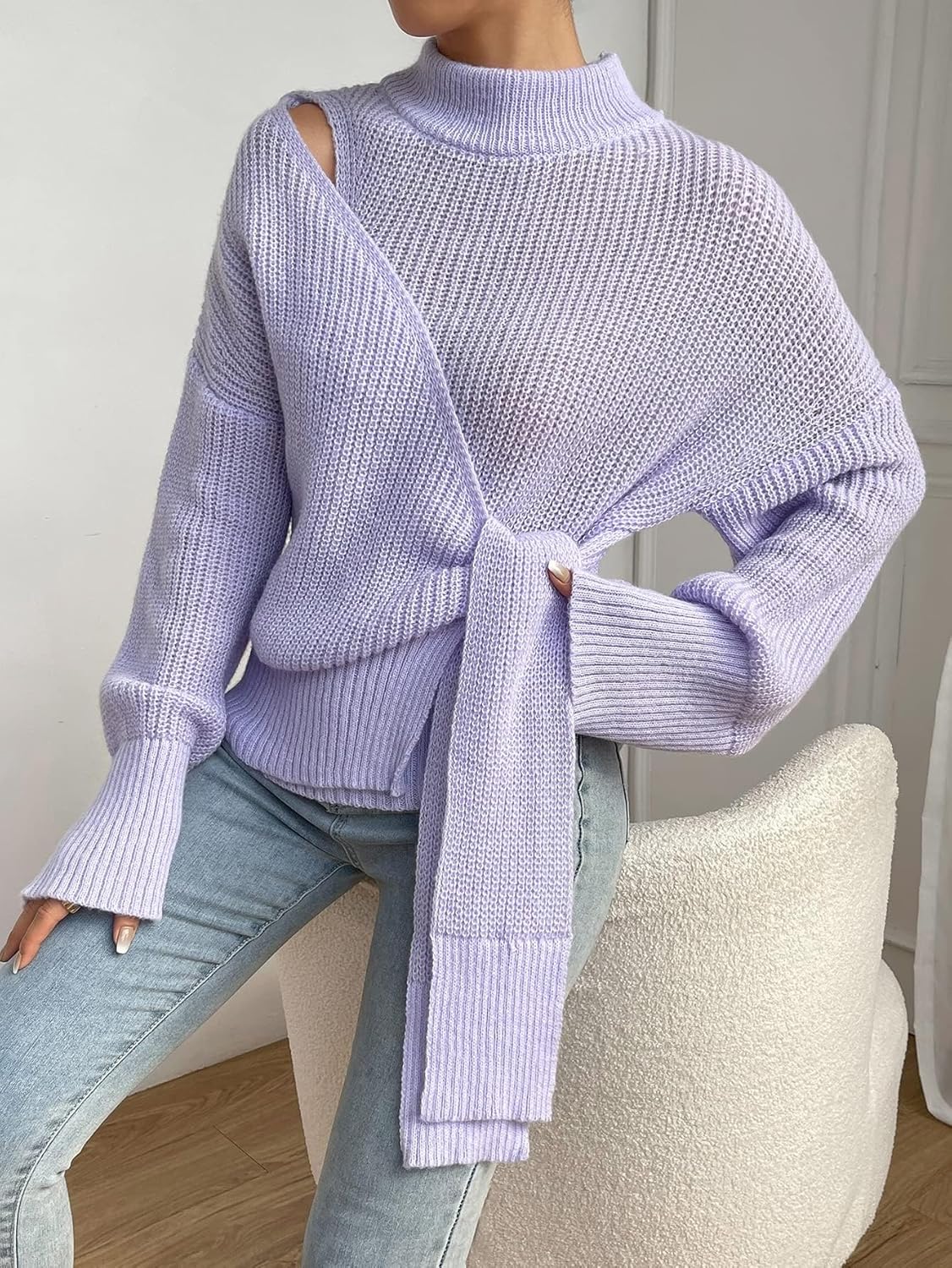 BEDAW Women's Sweater Drop Shoulder Knot Side Sweater Sweater for Women (Color : Lilac Purple, Size : Small)