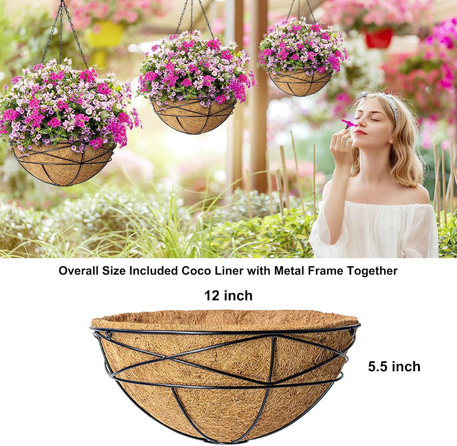 4 Pack 12 Inch Hanging Planters for Outdoor Plants Metal Watering Flower Baskets with Coco Liner for Hanging Pot Round Plant Holders Planter for Outside Garden Decoration