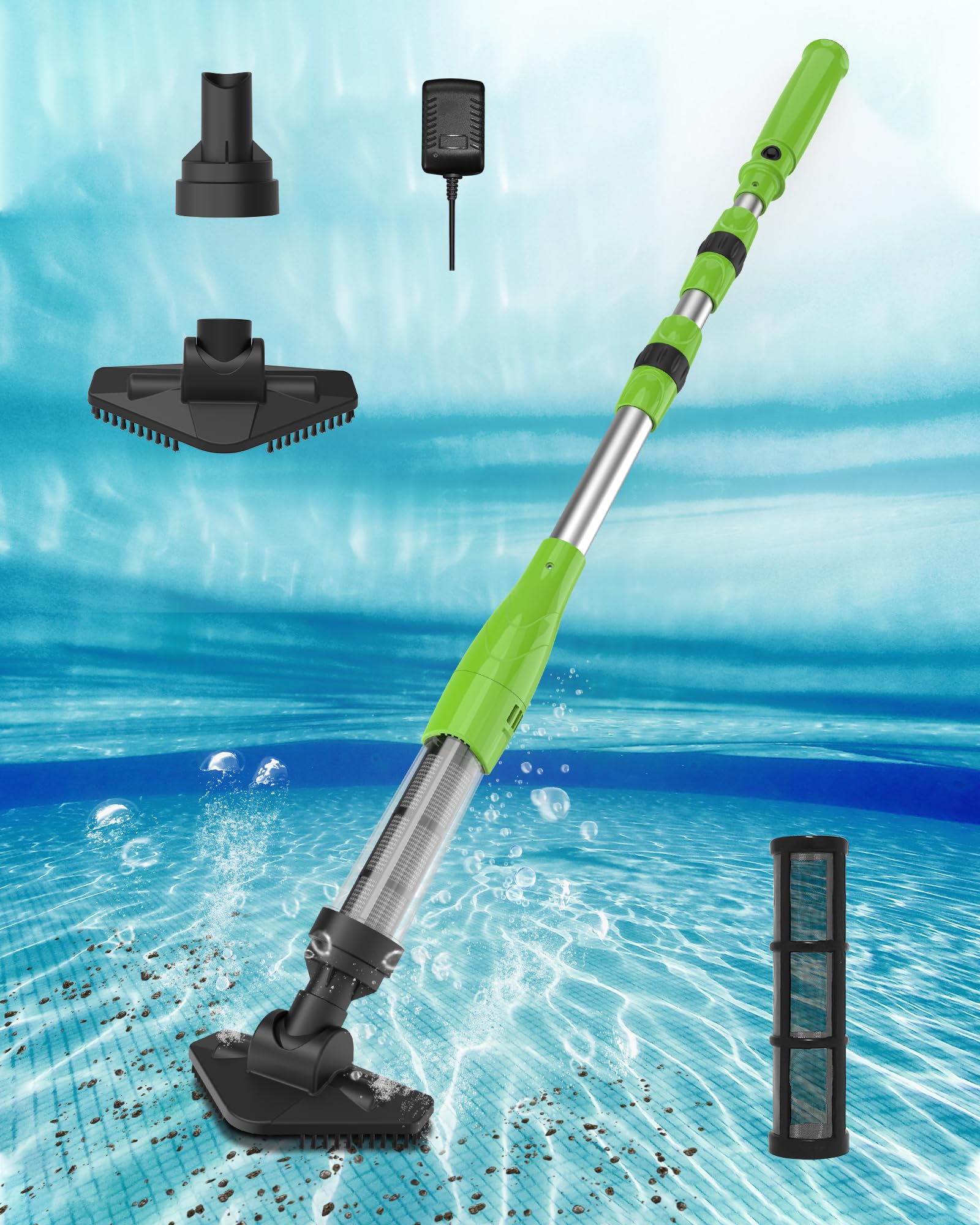 Poolergetic Cordless Rechargeable Pool Vacuum, Handheld Pool Cleaner with Telescopic Pole for Hot Tubs, Spas, Above Ground and Inground Pools Cleaning for Sand and Debris, Green