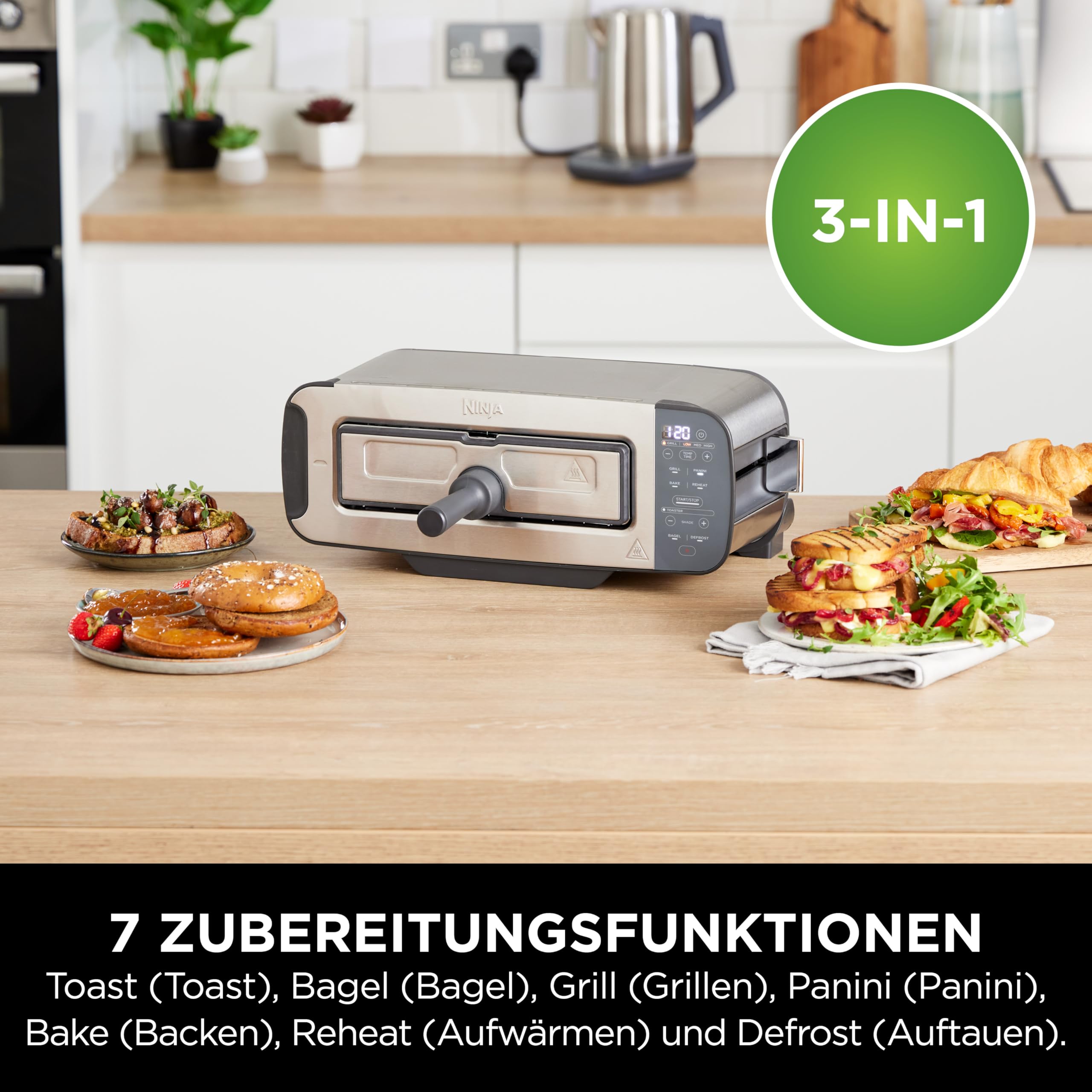 Ninja Foodi 3-in-1 Toaster, Elektrogrill mit Deckel, Panini-Presse mit Flip-Design, 7 Kochfunktionen, 7 Toastlinien, Backblech und Krümelschale, Edelstahl, ST202EU