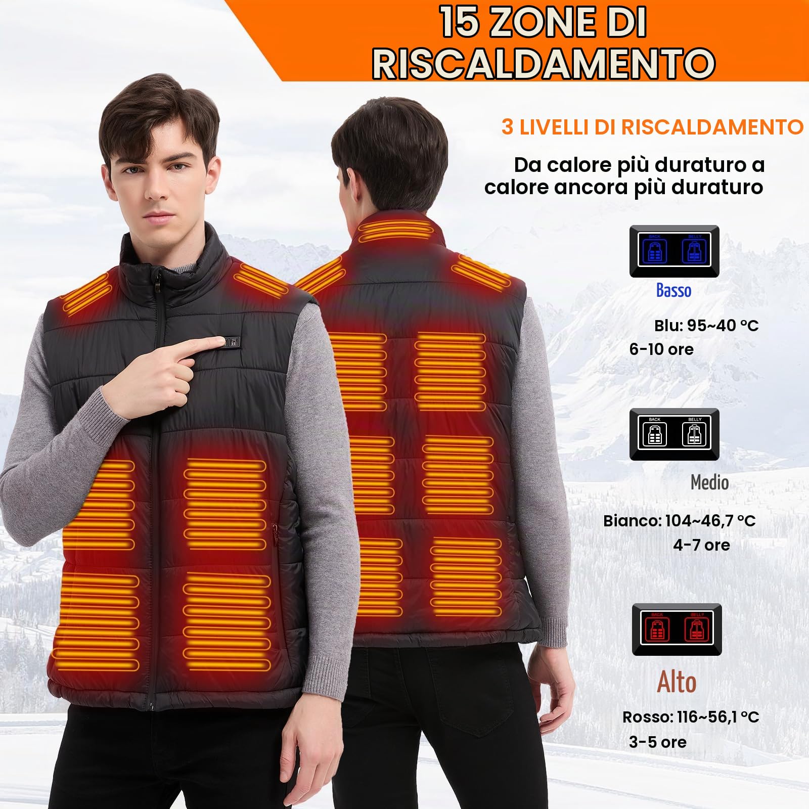 Amiable Gilet Riscaldato Uomo, Giubbotto Riscaldato,15 Zone, Gilet Riscaldato con 10000mAH Batteria Recargable, Giacca Riscaldata per All'Aperto Lavoro, Pesca, Ciclismo