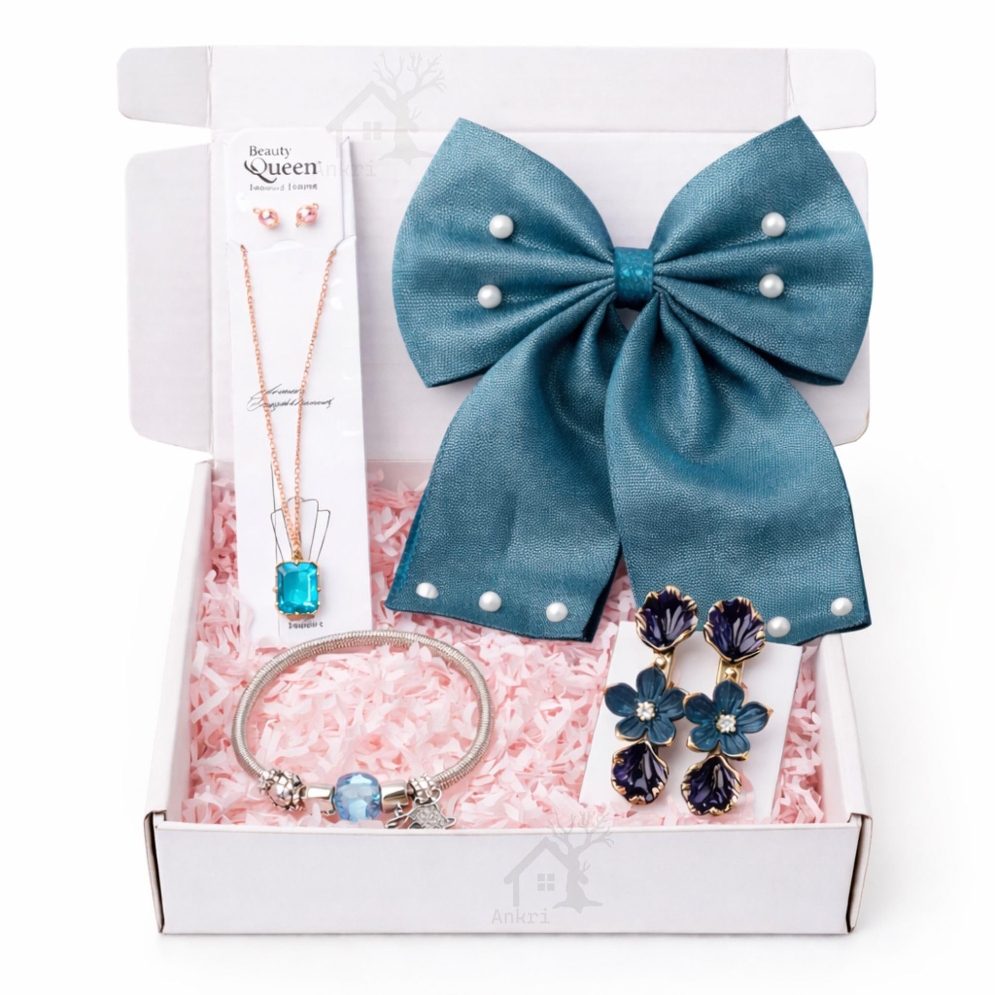 5 Pcs Trendy Hair Accessories & Jewelry Gift Set for Girls & Women, Hair Bow, Jewellery Set, Pendant Necklace with Earrings, Flower Hair Pins, Charm Bracelet, White Gift Box Included, Random Designs as per Latest Trend-image-13