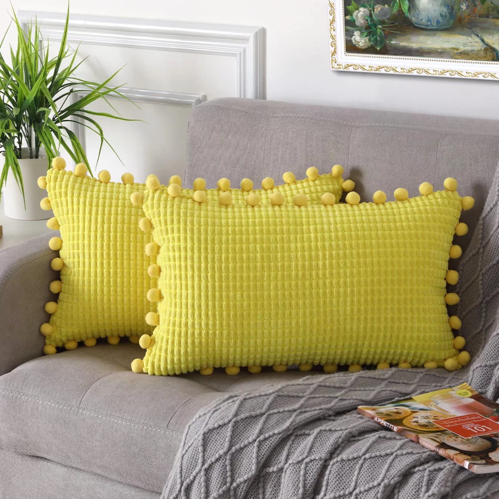 LinTimes Boho Cushion Covers Set of 2 for Sofa, Decorative Square Pillow Covers with Pom Pom Corduroy Big Corn Yellow Pillow Case for Living Room Office Chair, 12x20 Inch