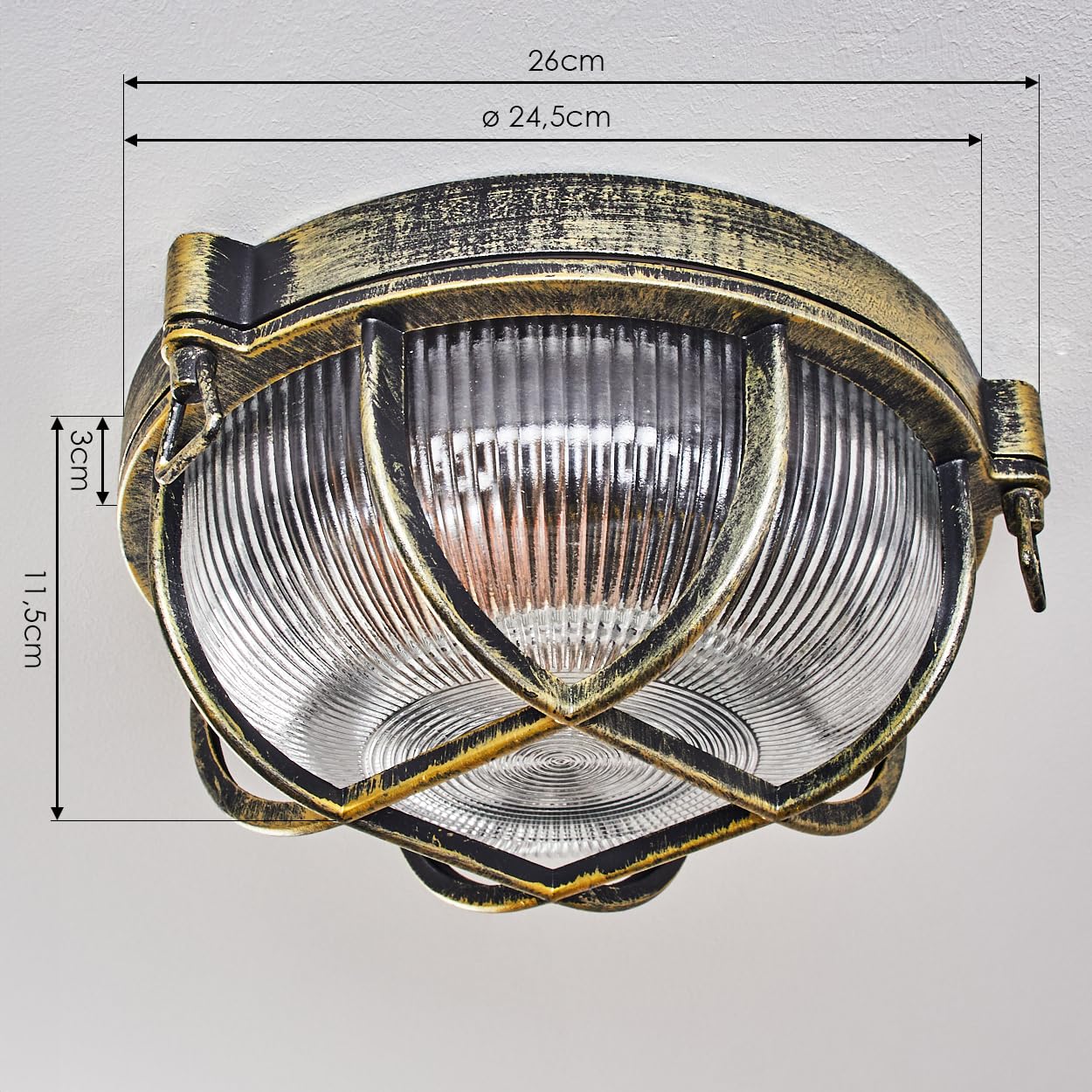 Hofstein Plafonnier d'Extérieur Godel Métal Verre Strié Noir Doré Transparent E27 IP44