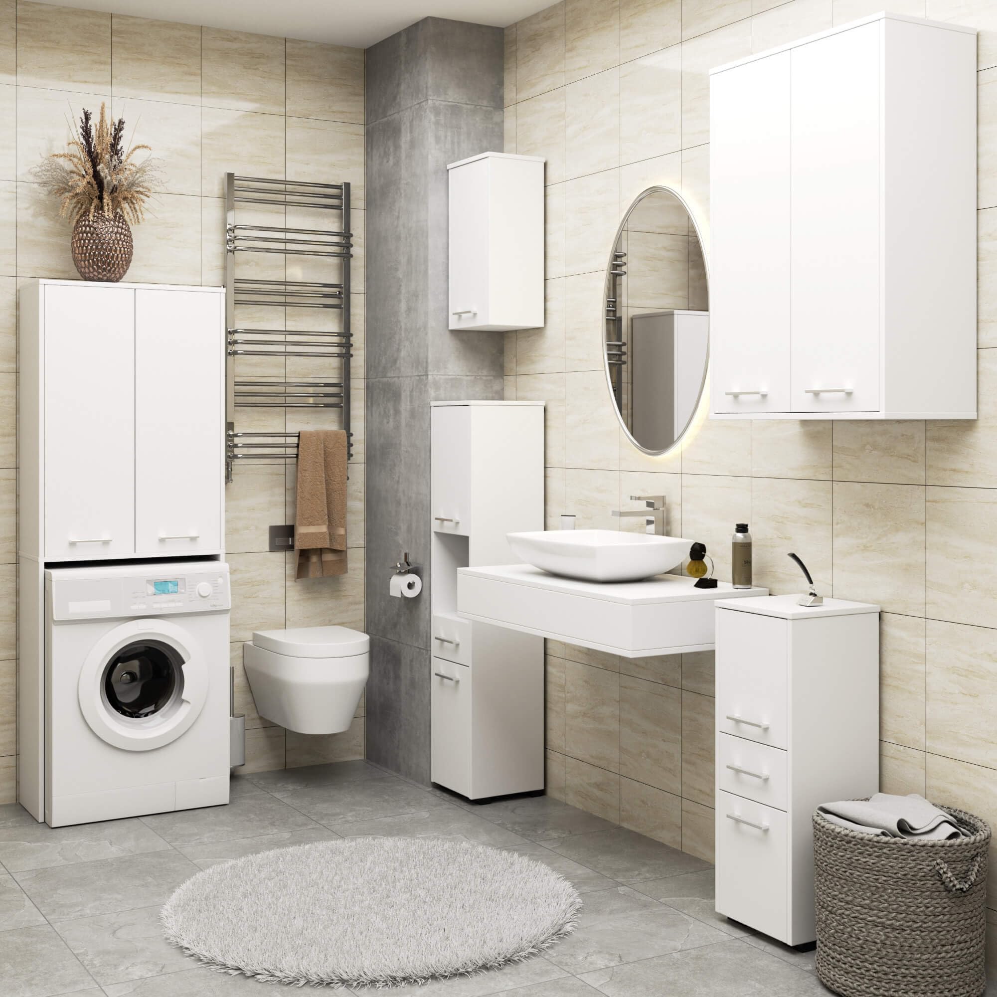 AKORD | Armadio Pensile per Lavatrice FIN 180 | Armadio di trasformazione con 2 Ante, 4 Ripiani | Archivio per bagno | Cassettiera per lavatrice | 64x180x30 cm | Bianco + Bianco Frontale