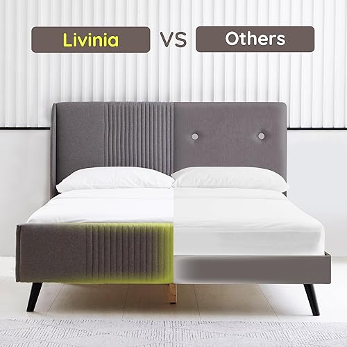 Miniatura 5 de Livinia Sunset - Cama de plataforma con respaldo de alas, base de cama tapizada de tela con cabecera de canal vertical, listones de madera fuertes,