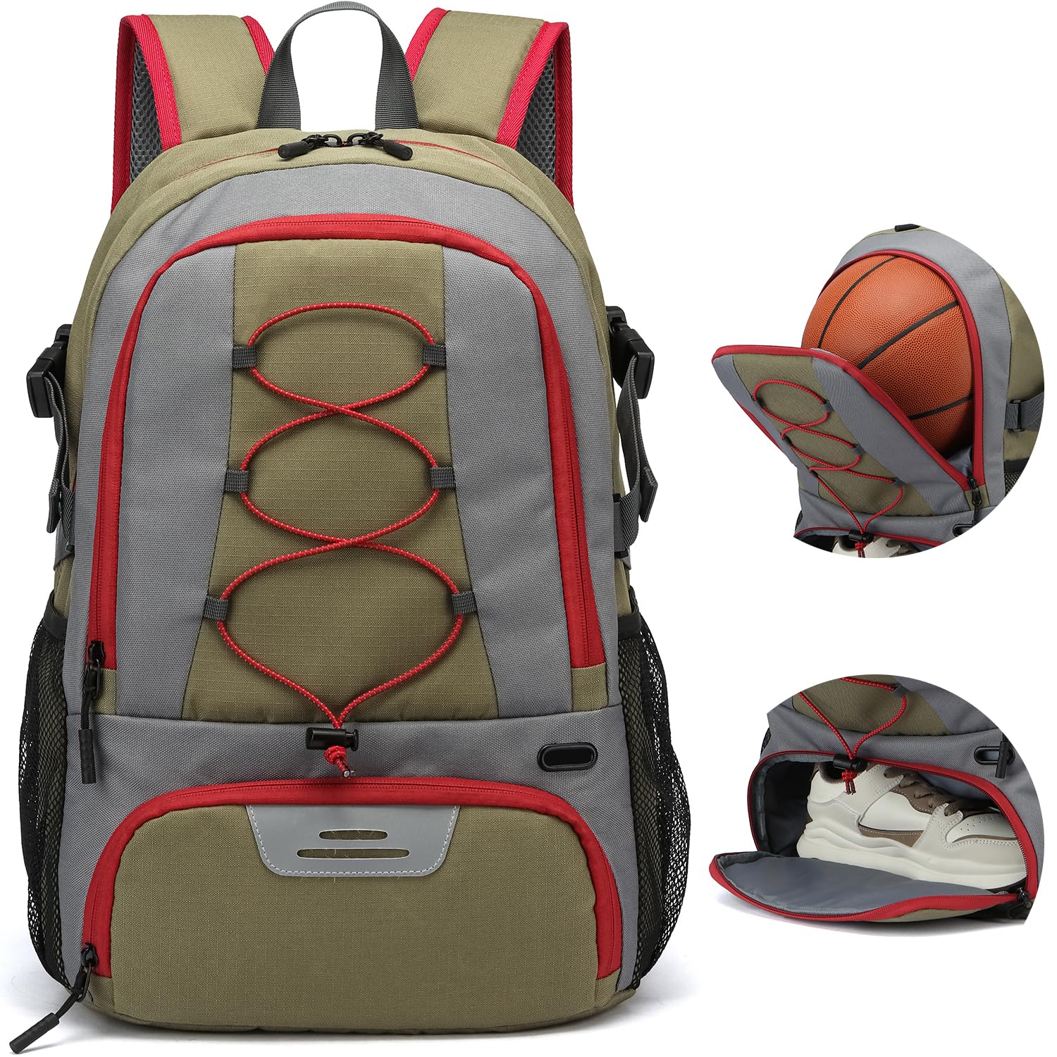 TAIHOYIN Basketball Bag, Football Backpack Kit Bag with Ball Holder & Shoe Compartment, 35L Sports Backpack for Men Equipment Bags for Basketball, Soccer, Volleyball Training, Greygreen