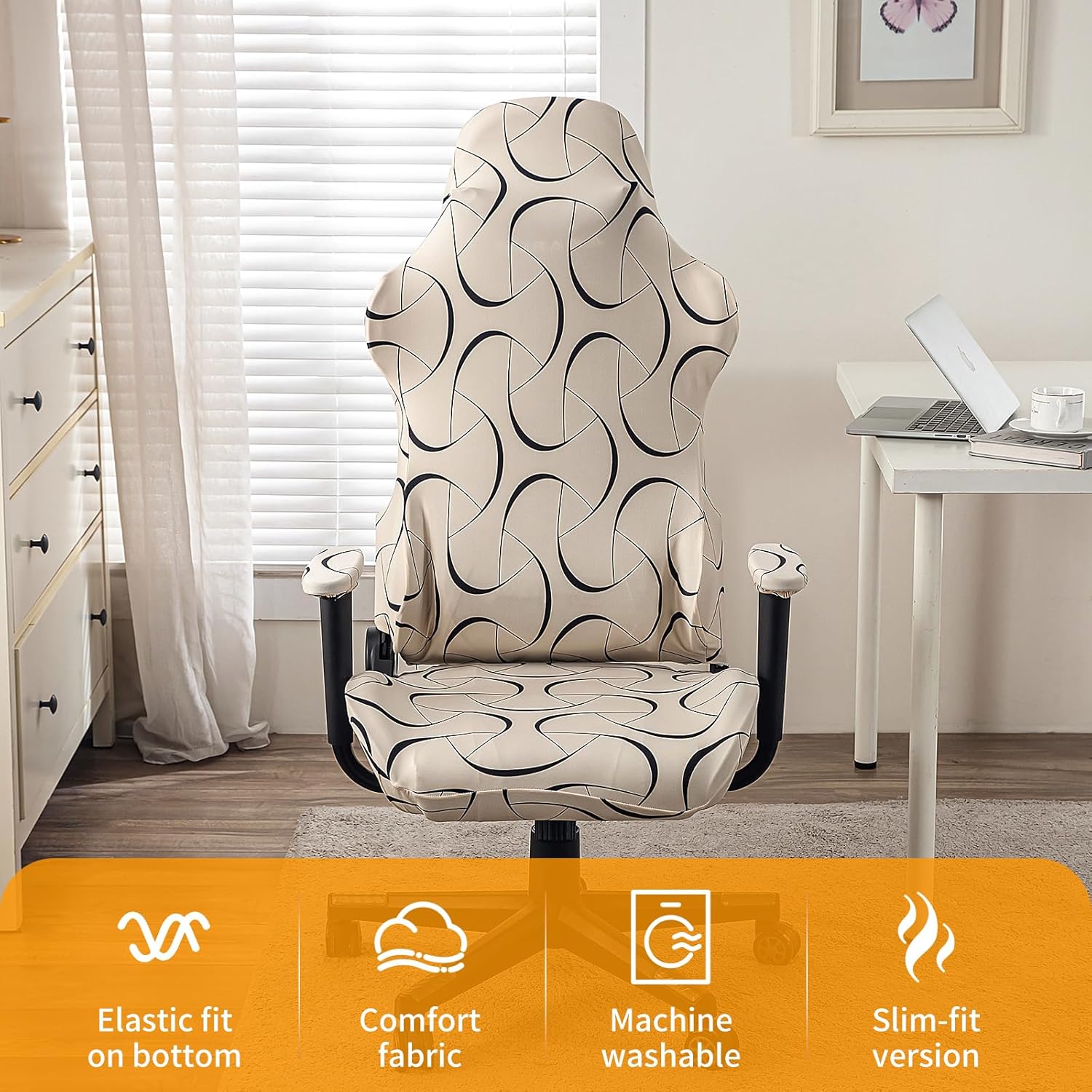 Gaming Chair Cover, Geometric Pattern, Elastic Stretch Fabric, Machine Washable，Stretchable Anti-Scratch Fabric Office Desk, Universal Fit for Computer Gamer Chairs (Beige)