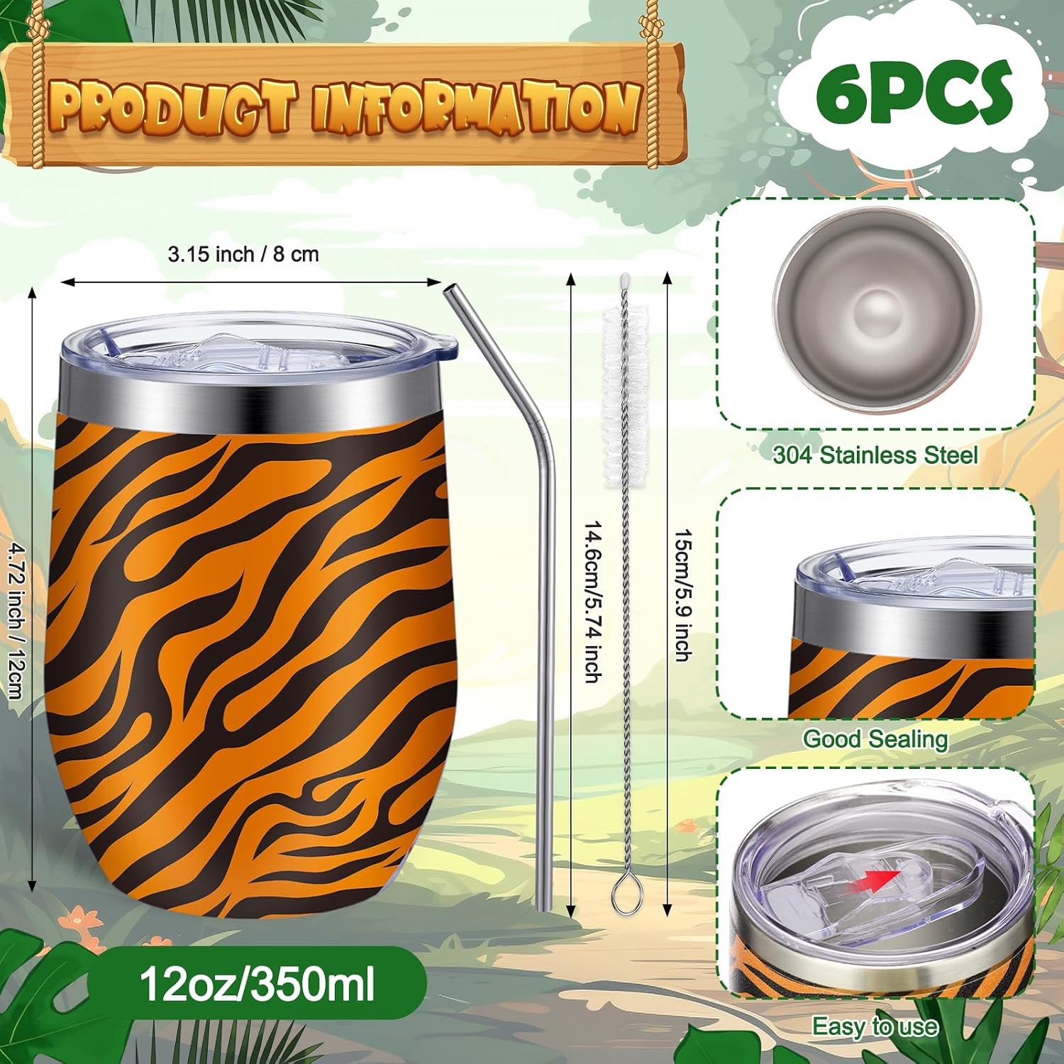 Skylety 6 Pack Safari Jungle Pattern Cups 12 oz Stainless Steel Wine Tumbler Bulk with Lids Straws and Brush Insulated Travel Tumbler Cup Coffee Mug Gift for Baby Shower Birthday Jungle Party Supplies