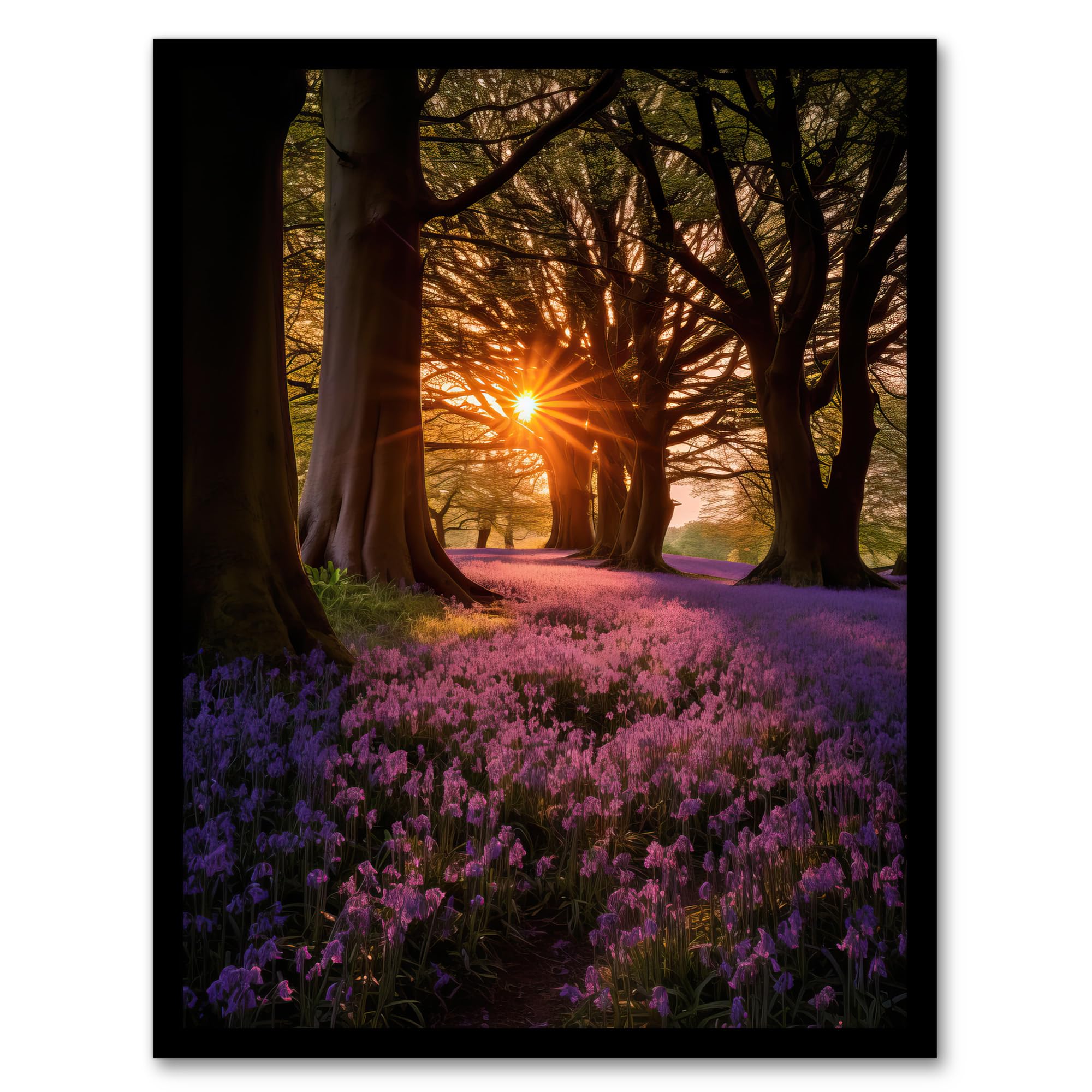 Artery8 Purple Bluebell Woods At Dawn Sunrise Peaceful Elegant Artwork Artwork Framed Wall Art Print A4