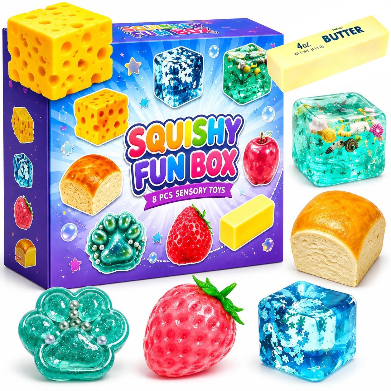 8PCS Squishy Box Mystery Fun Set Pack, Blind Malt Sugar Creative Slow Return Squishies, Relief Hand Relax Desk Decor Party Favor Gifts for Adult (8PCS A)