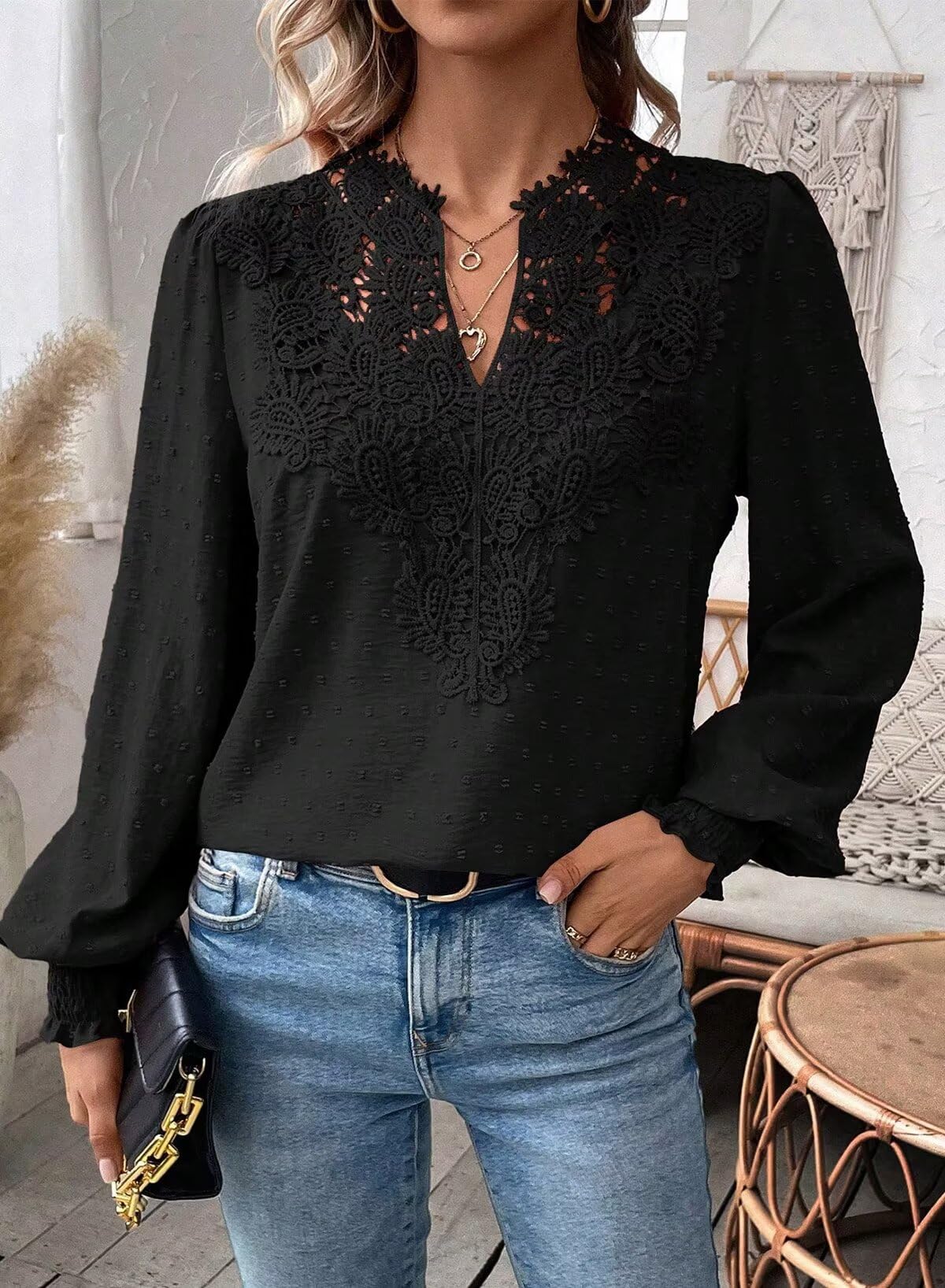 Womens Tops V Neck Boho Long Sleeve Shirts Swiss Dot Chiffon Blouses Flowy Lace Crochet Clothing Casual Trendy Tunic