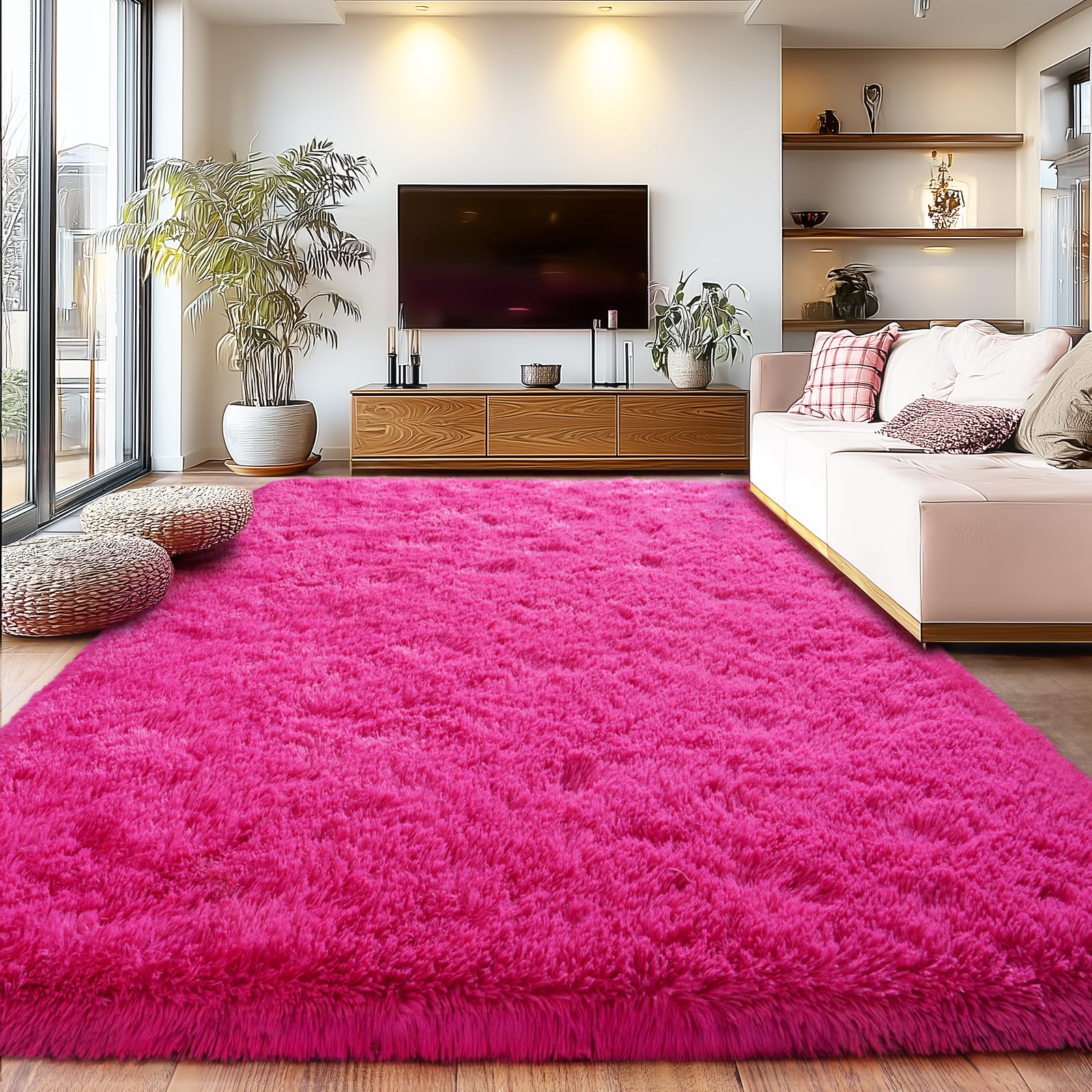 Large Fuzzy Rug 8x10 Feet Hot Pink Fluffy Rug for Living Room, Big Plush Non-Skid Shag Carpet, Soft Shaggy Rugs for Bedroom Indoor Modern Home Decor