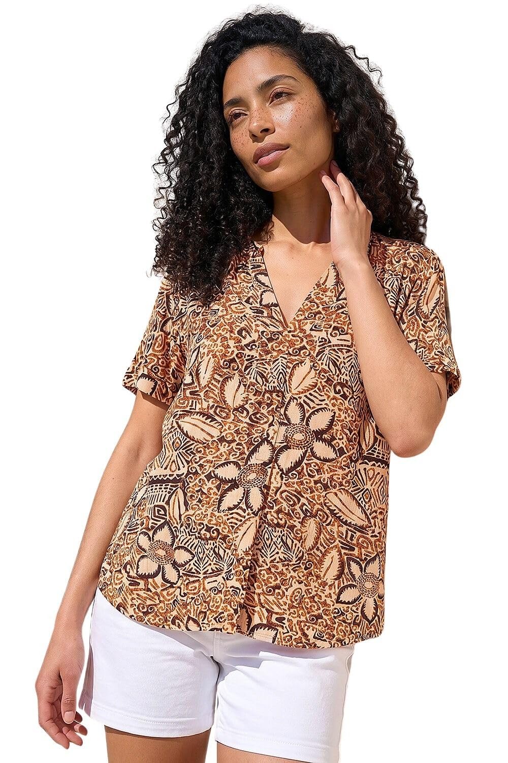 Roman Originals Women's Floral Abstract Rust Abstract Spot Print Tunic For Uk - Everyday Holiday Spring Summer V-Neckline Comfy Soft Evening Vacation Work Party - Size 14