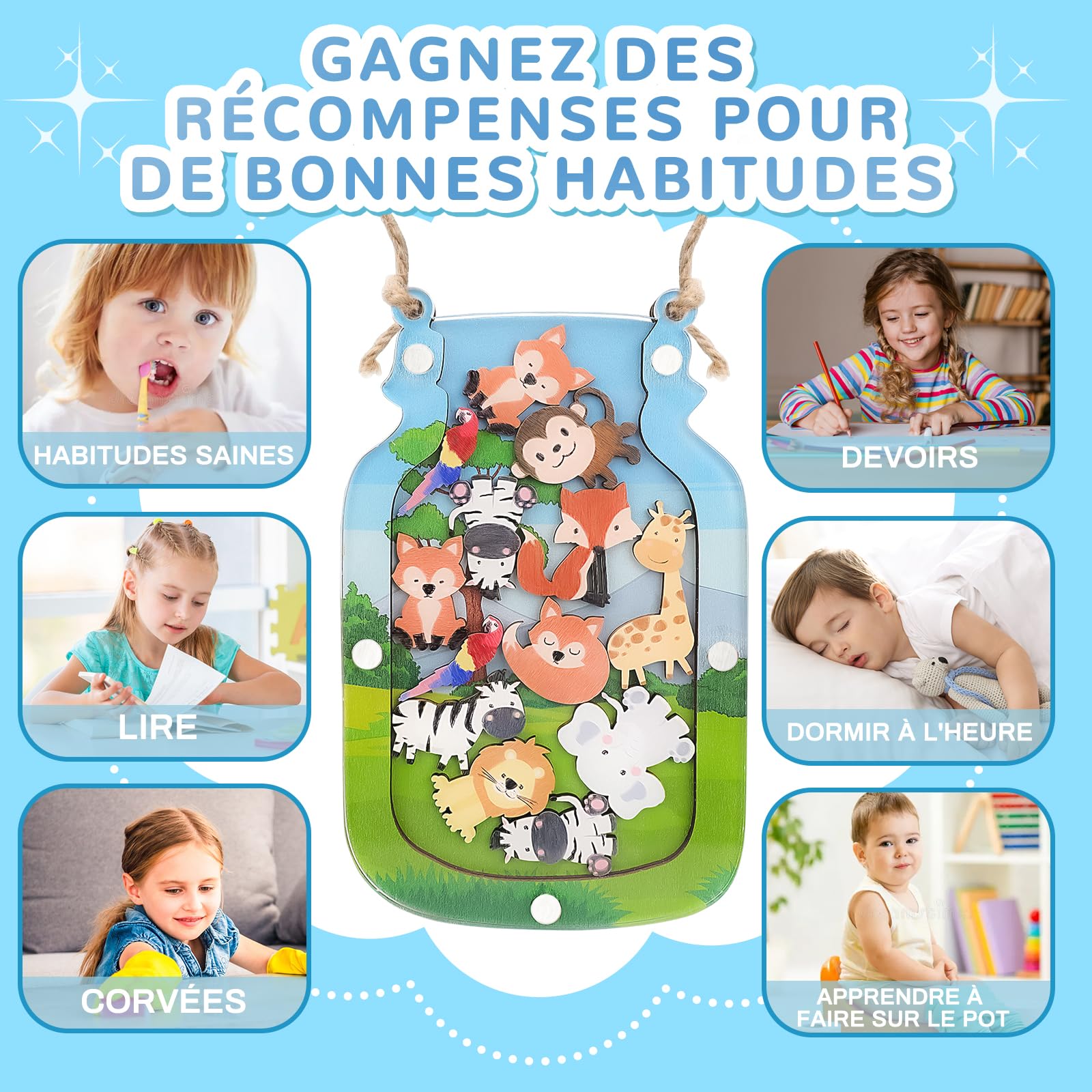 Tableau De Récompenses Enfants En Bois - Avec Corde Et 40 Accessoires - Gestion Comportement Et Responsabilités