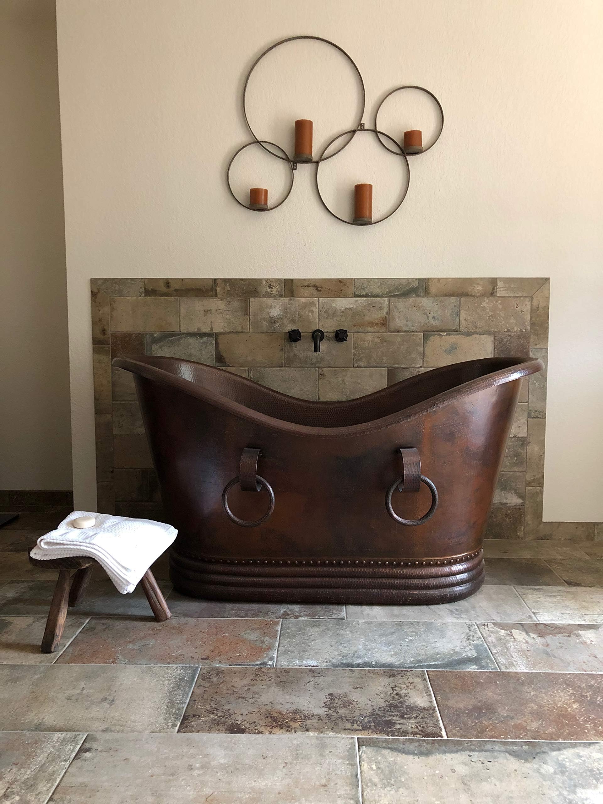 Premier Copper Products BTDR60DB - 60" Hammered Copper Double Slipper Bathtub with Rings and Overflow Holes