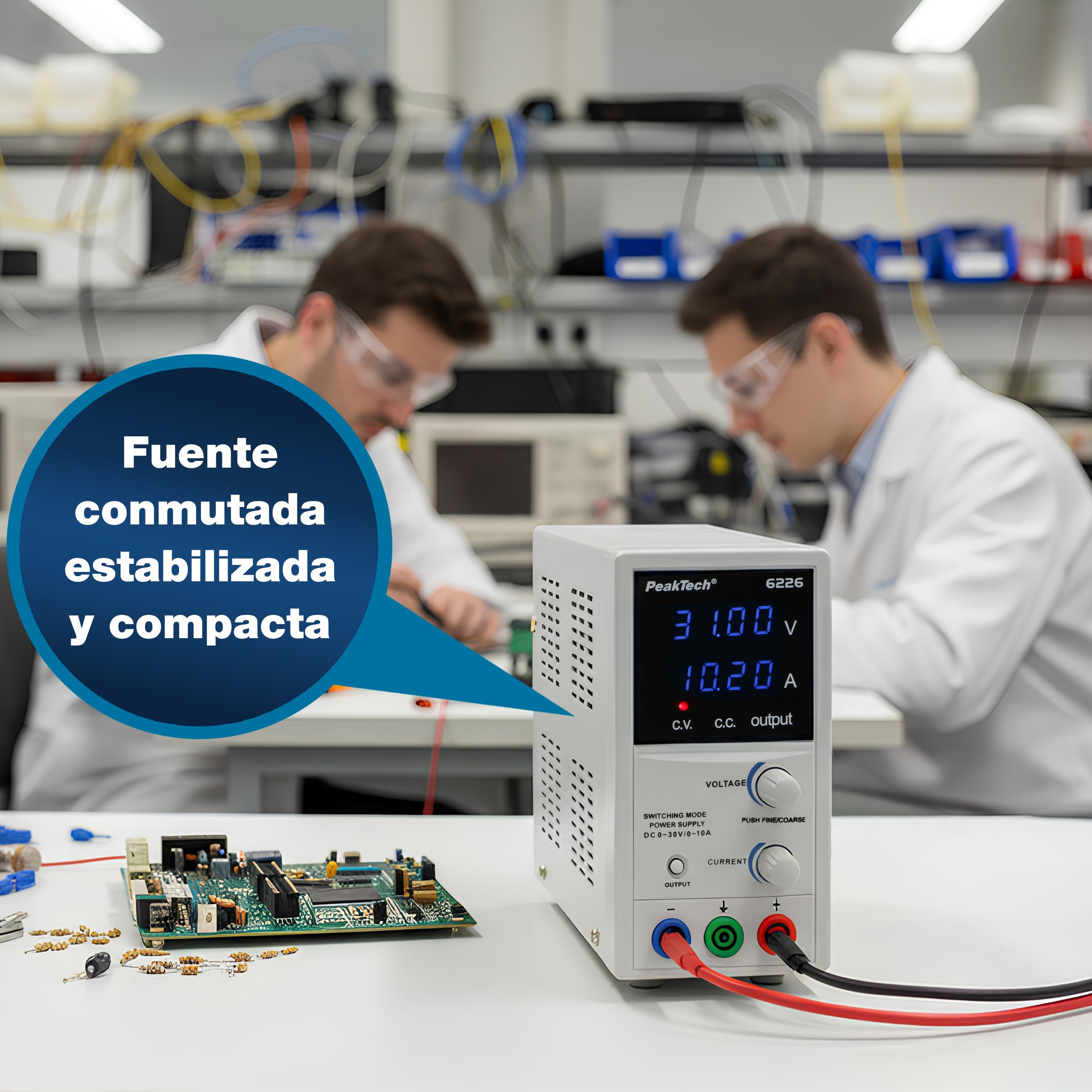 PeakTech 6226 - Fuente de Alimentación0-30V / 0-10A, Ajustable, DC con Pantalla Led Azul de 4 Dígitos, Conmutación Estabilizada, Amperímetro, Sobrecarga y a Prueba de Cortocircuitos, Diseño Delgado
