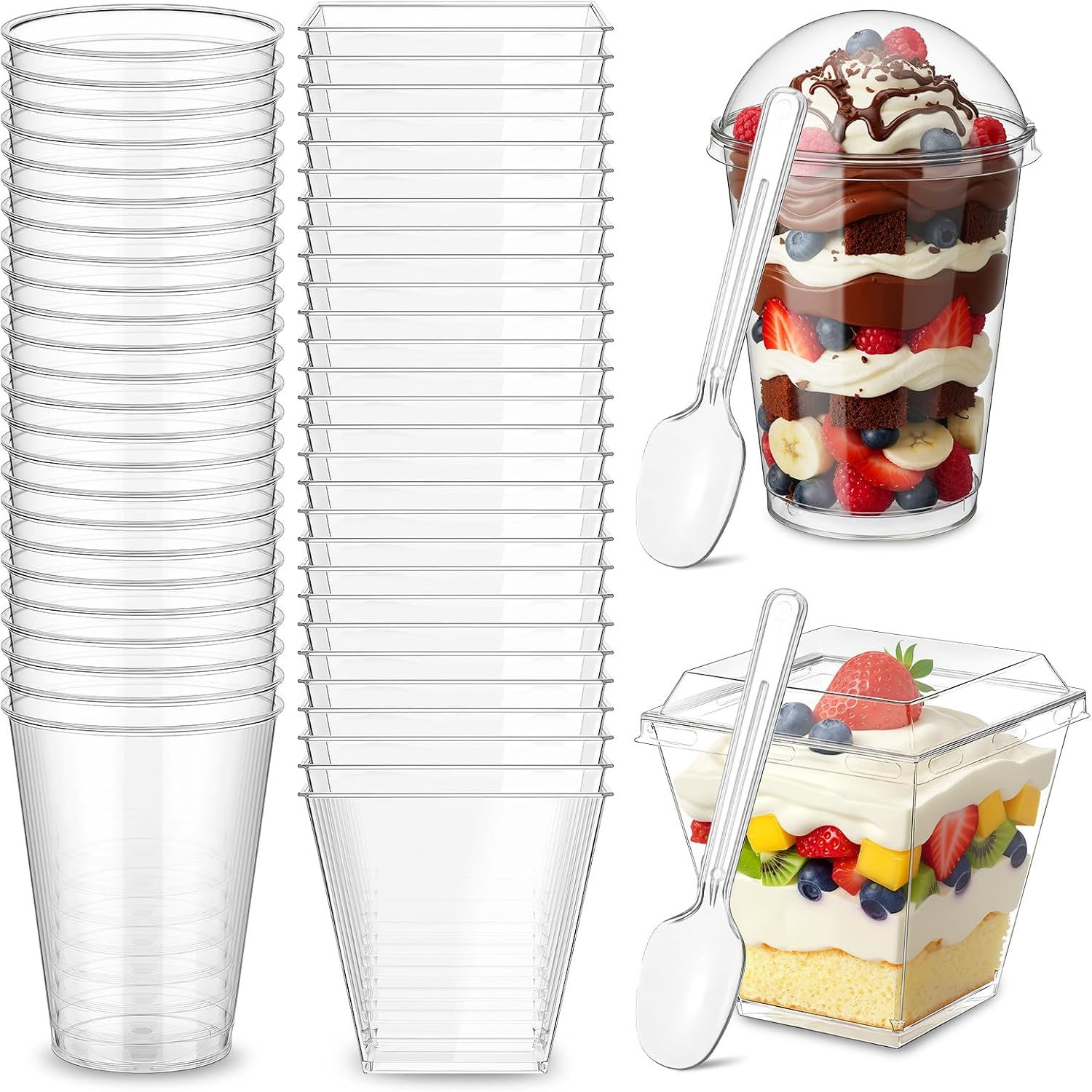 Eaasty 100 Sets Dessert Cups with Lids and Spoons Plastic Yogurt Parfait Appetizer Shooter Cups Round and Square Mini Containers for Pudding, Fruit and Ice Cream(5 oz)