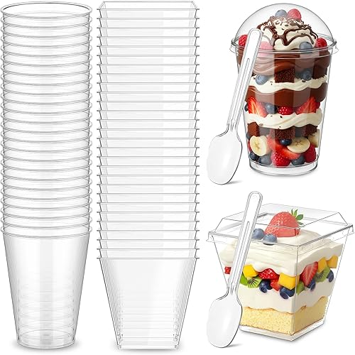 Miniatura 8 de Eaasty 100 juegos de tazas de postre de 5 onzas con tapas y cucharas de plástico para yogur, parfait y aperitivo, vasos redondos y cuadrados para