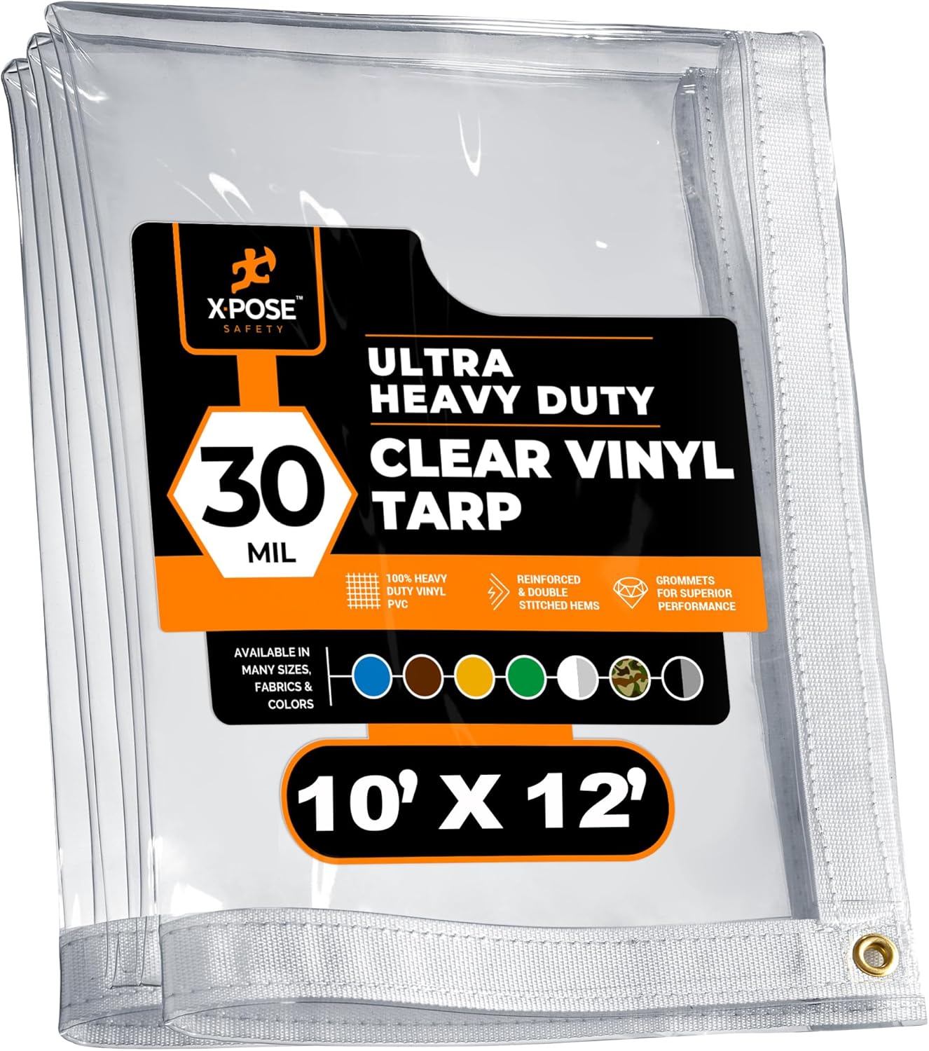 10' x 12' Clear Vinyl Tarp - 30 Mil Super Heavy Duty Transparent Waterproof PVC Tarpaulin with Brass Grommets - for Patio Enclosure, Temporary Wall, Camping, Tent Cover, Canopy - by Xpose Safety