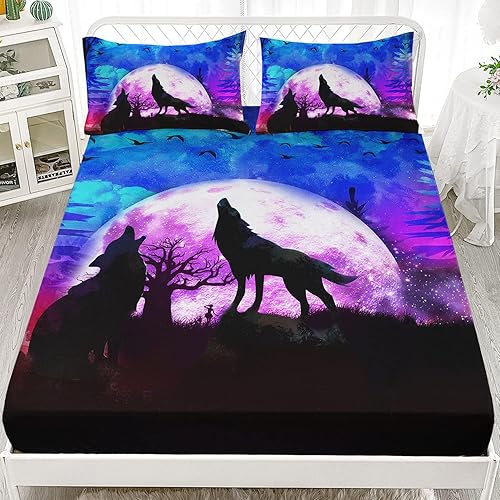 Juego de sábanas de lobo, juego de ropa de cama con diseño de galaxia lobo y luna nocturna para niños, adolescentes, decoración de habitación de