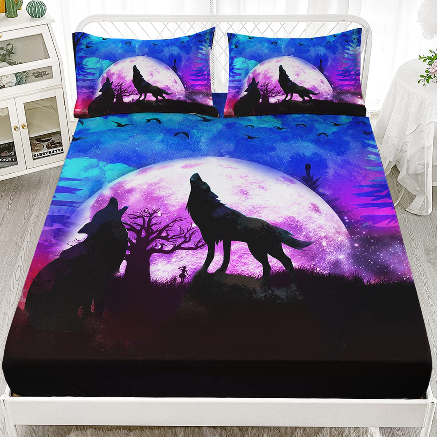 XYNHML Wolf Bed Sheet Set Galaxy Wolf Night Moon Bedding Set for Kids Teens Room Decor Wild Animals Bed Cover with 2 Pillowcases
