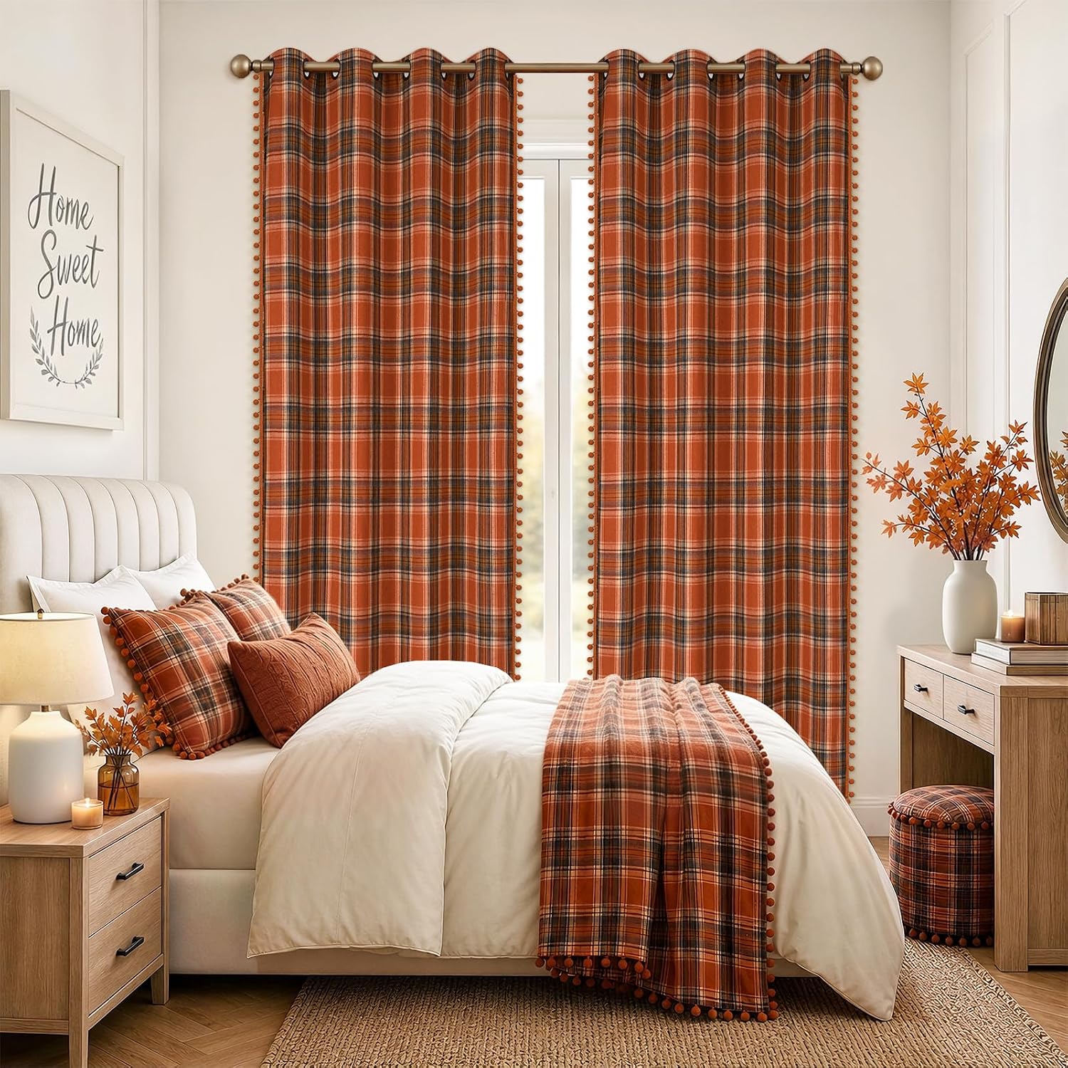 Fall Plaid Curtains for Living Room 84 Inch Long Orange Buffalo Check Blackout Bedroom Curtains, Thanksgiving Autumn Window Curtain Grommet Room Darkening Drapes, 52" W x 84" L, 2 Panels