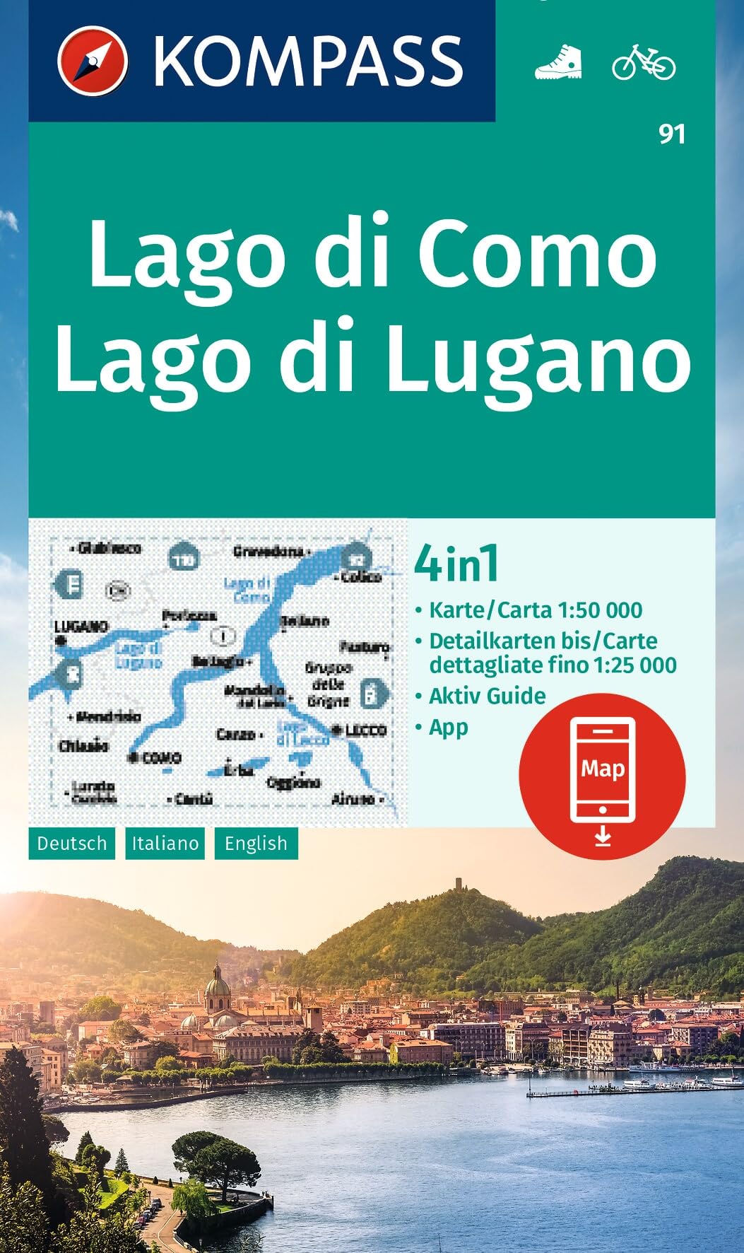 Lago di Como/Lago di Lugano WK 91: 4in1 Wanderkarte mit Aktiv Guide und Detailkarten inklusive Karte zur offline Verwendung in der KOMPASS-App. Fahrradfahren.