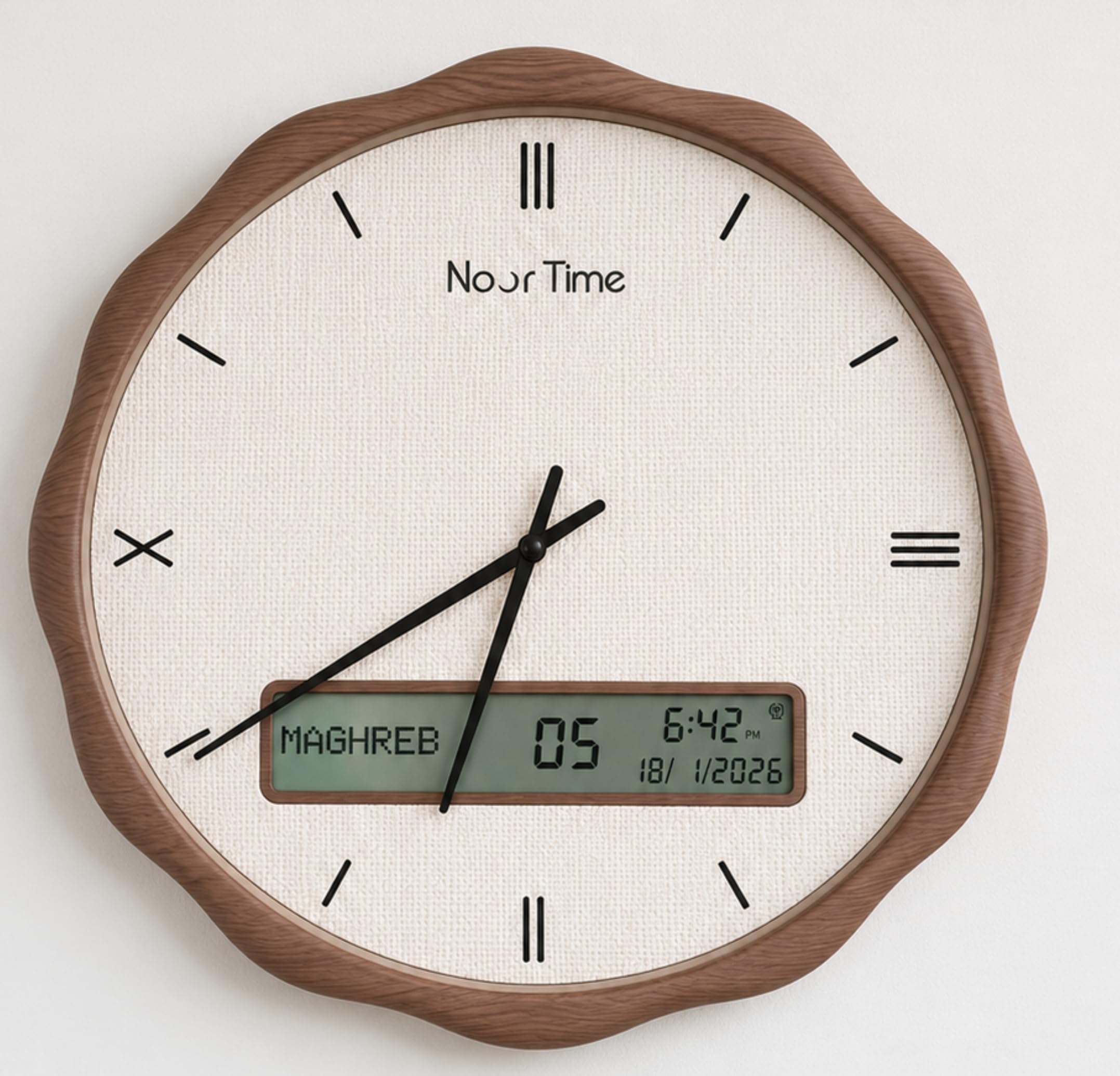 Horloge Adhan avec Appel à la Prière Automatique, Synchronisation Mawaqit, Affichage Numérique LCD, Design Moderne Effet Bois, Sons Authentiques Makkah Médine