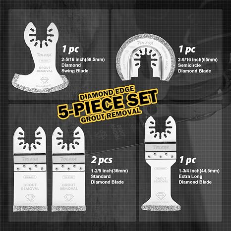 TOLESA Diamond Oscillating Saw Blades Mixed Set for Grout Removal, 5-Pack | Versatile Set, 3 Kerf Sizes 0.06, 0.07 and 0.09-Inch, Up to 5x Life, for Mortar, Plaster and Porous Concrete