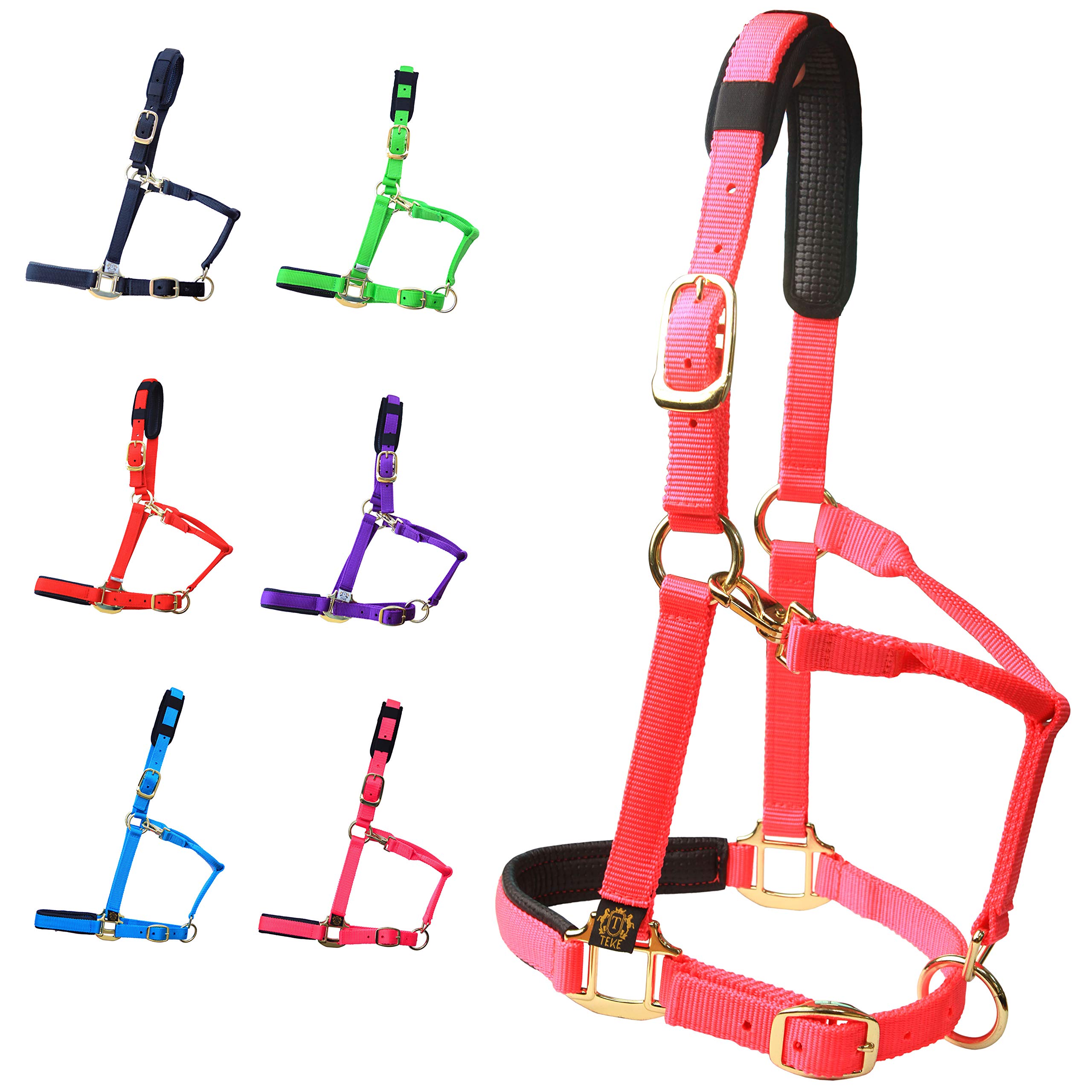 T TEKE Adjustable Horse Halters by Heavy Duty Soft Nylon, Padded with Anti-rubbing Waffle Neoprene on Both Crown & Nose