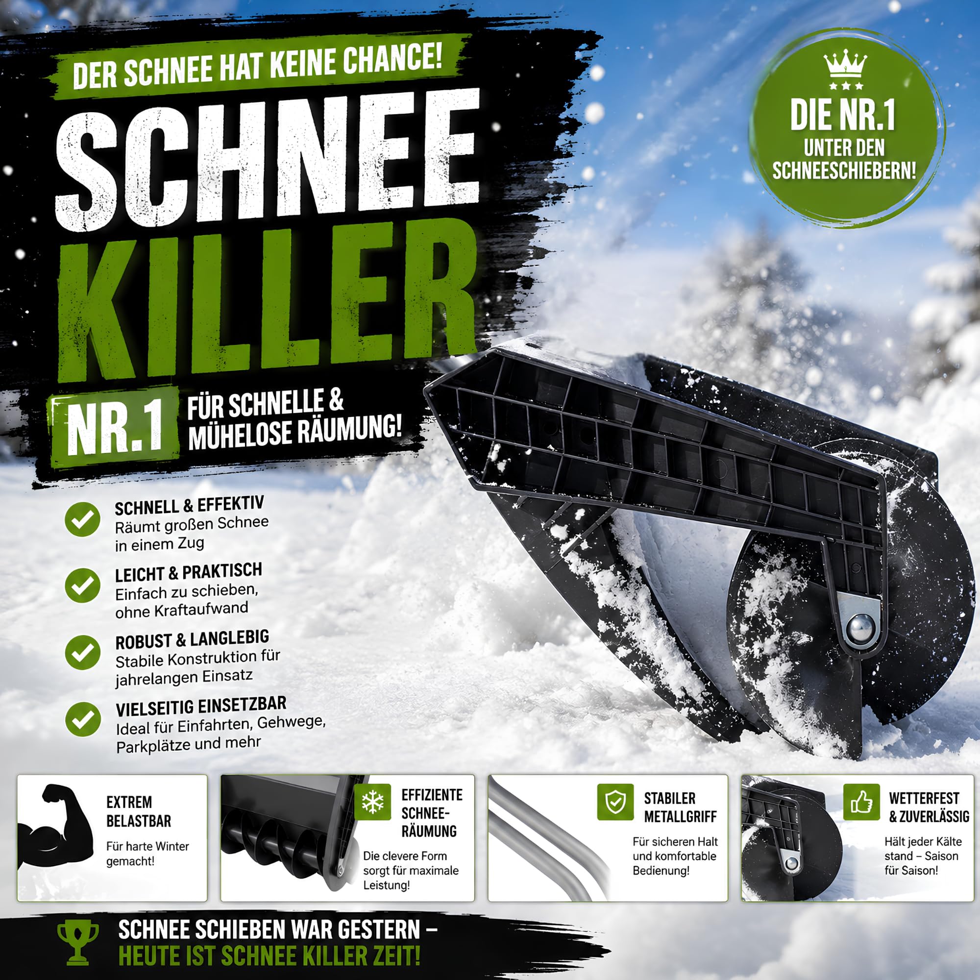 Snow Mover Schneefräse 60 cm Schneeschieber mit Aluminiumkante, INKLUSIVE Eisschaber, Schneepflug Schneeschaufel Ergonomisch Schwarz
