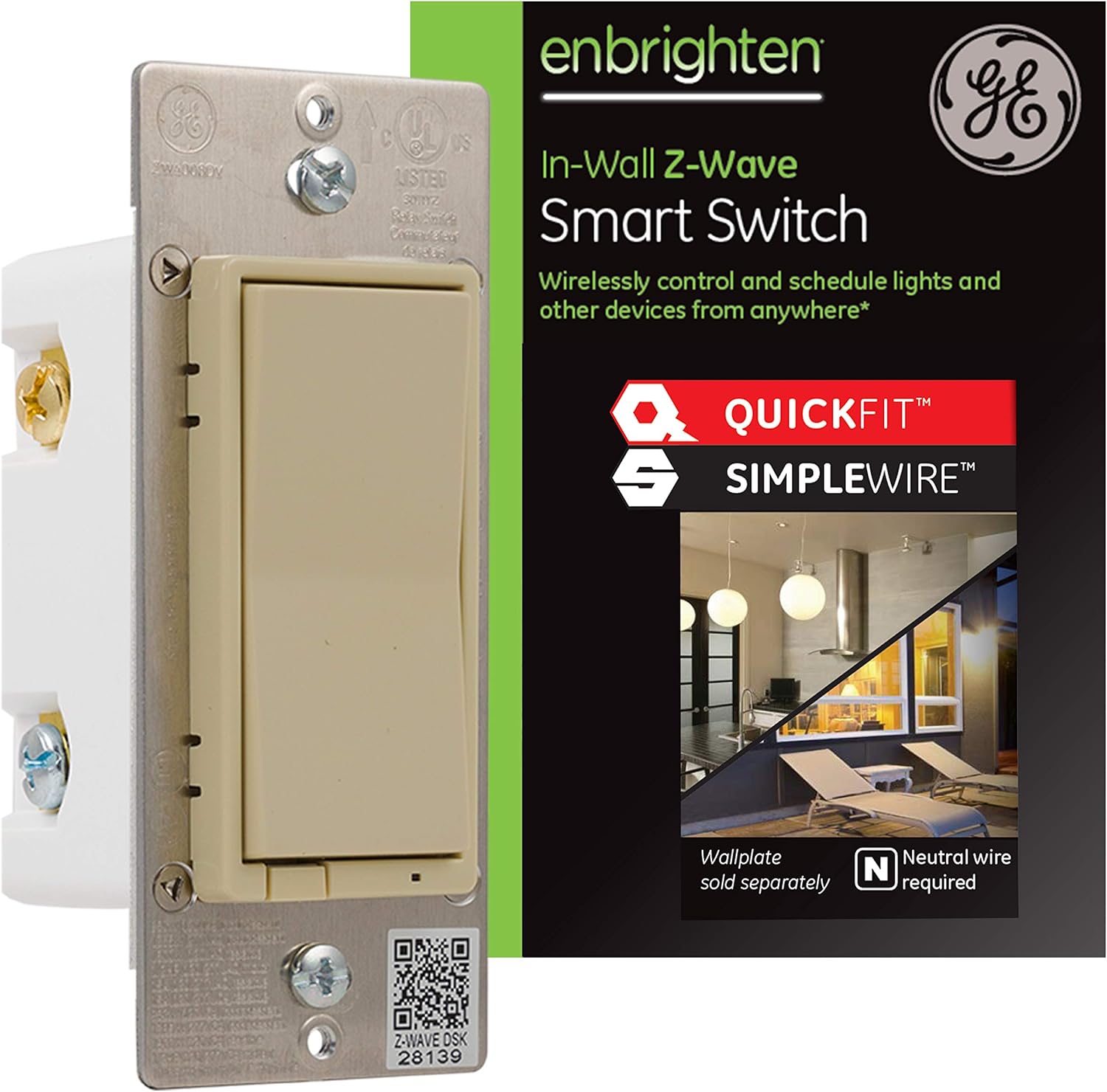GE Enbrighten Z-Wave Plus Smart Light Switch with QuickFit and SimpleWire, Works with Alexa, Google Assistant, SmartThings, Wink, Zwave Hub Required, Repeater/Range Extender, 3-Way Ready, Ivory, 47191