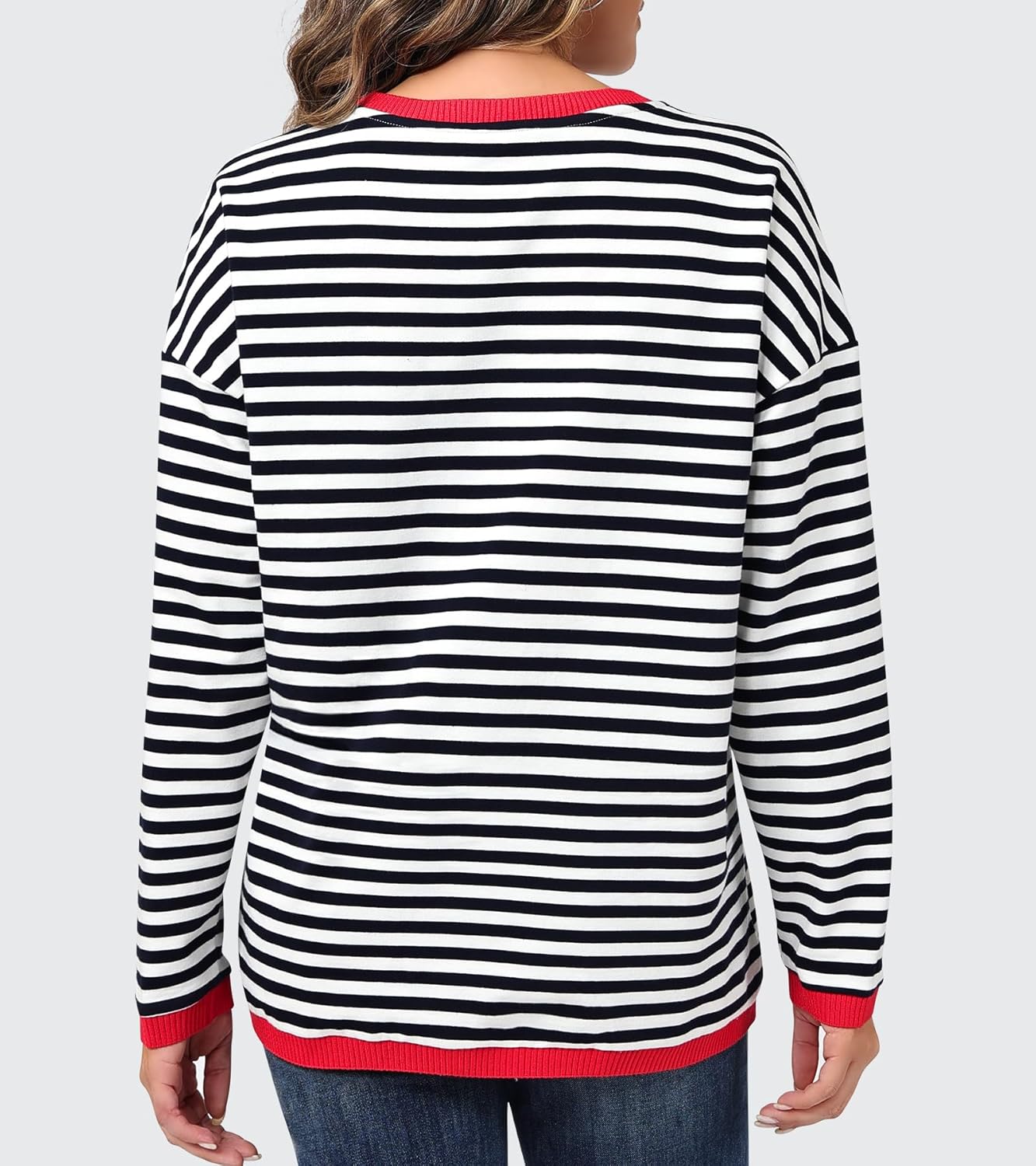 Women's Fall Long Sleeve Sweater Crew Neck Color-Block Striped Hoodie Knit Pullover Sweatshirt - Image 6